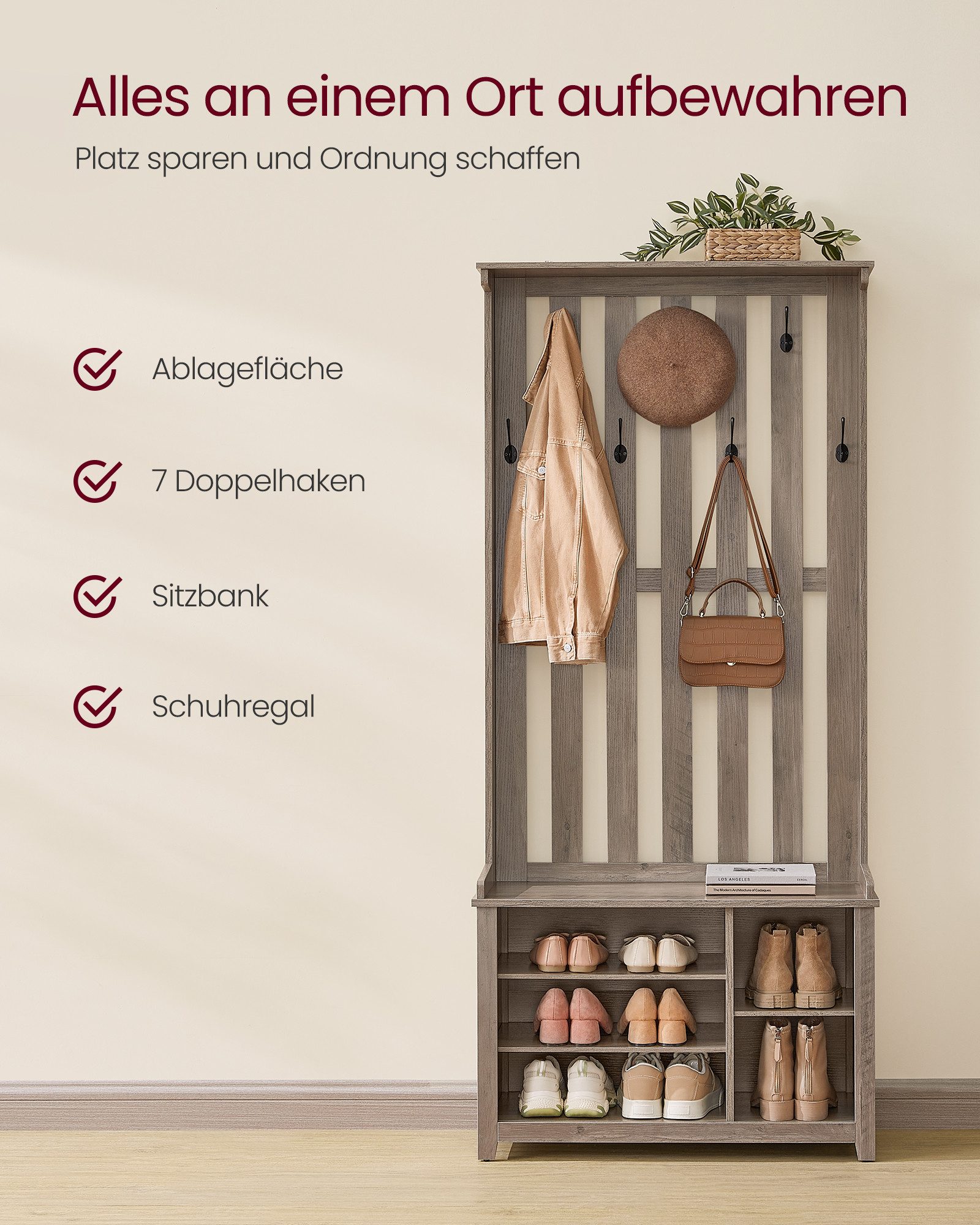 VASAGLE Garderobenständer Garderobe, Garderobenständer, Kleiderständer, Schuhbank, Garderobe mit Ablage