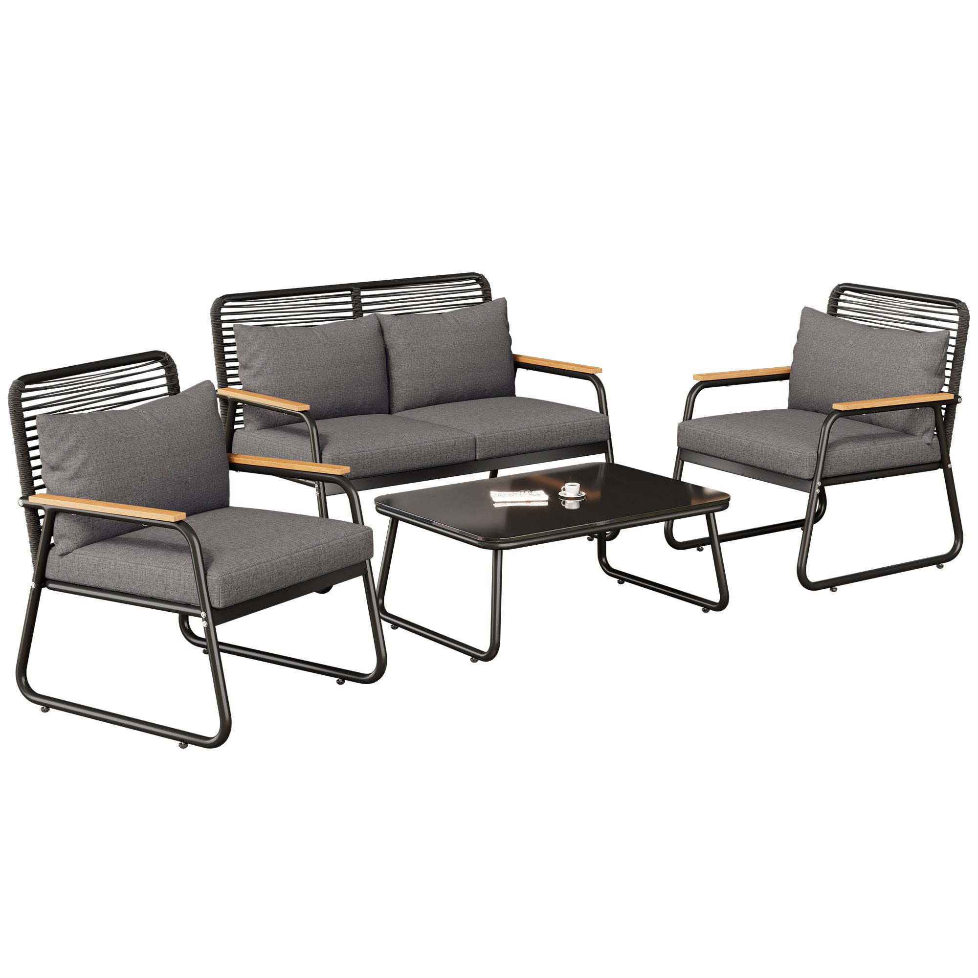 HAUSS SPOLE Sofa mit Gestell aus verzinktem Eisen, verstellbare Beine, Kissen, Schwarz, Elegantes Gartenmöbel-Set für 4 Personen – Doppelsofa, Einzelsofas & Couchtisch mit verstellbaren Beinen., mit Relaxfunktion