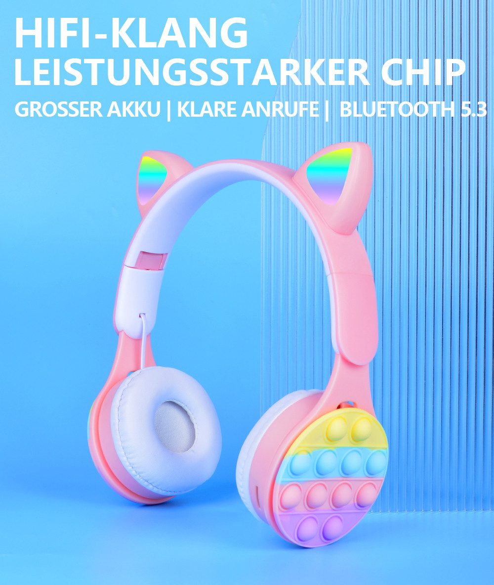 Tekoo Kinderkopfhörer Bluetooth 5.3 LED Katzenohren Pop-It Design AUX Kinder-Kopfhörer (LED Katzenohren, Pop-It Design, Faltbar, Lautstärkebegrenzung)