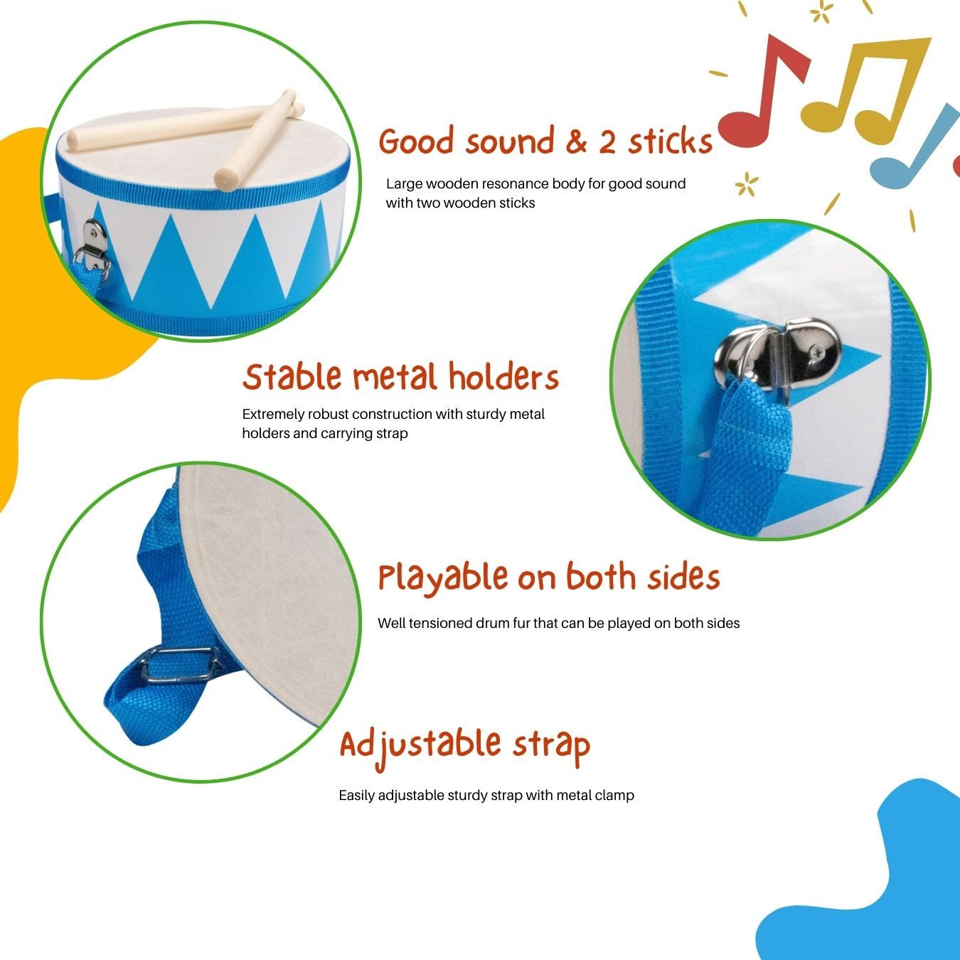 GICO Spielzeug-Musikinstrument Trommel für Kinder blau/weiss – Holz, 20 cm, mit Sticks & Gurt- 3845
