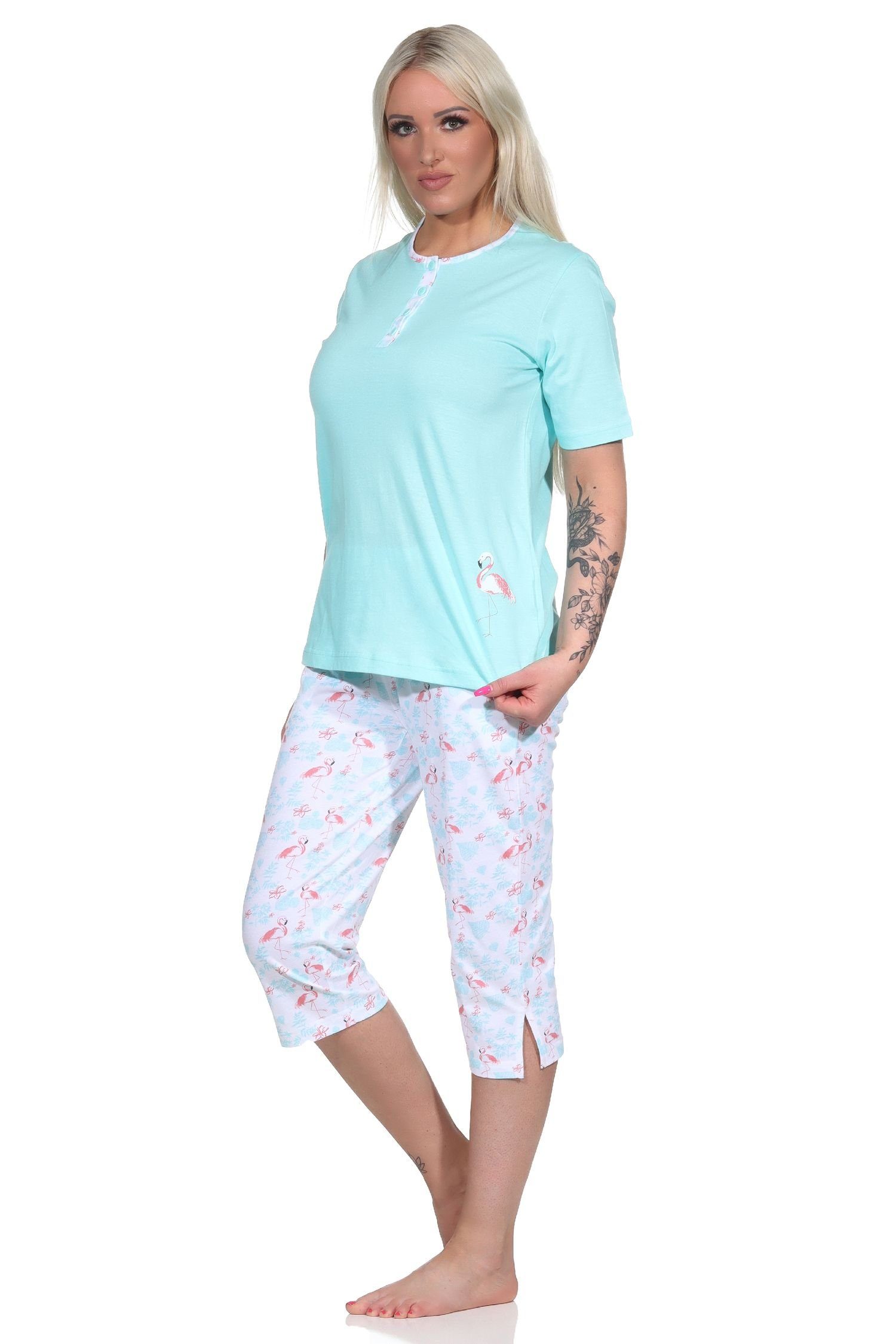 kurzarm Flamingo Motiv helltürkis Pyjama mit Capri Normann Schlafanzug Damen