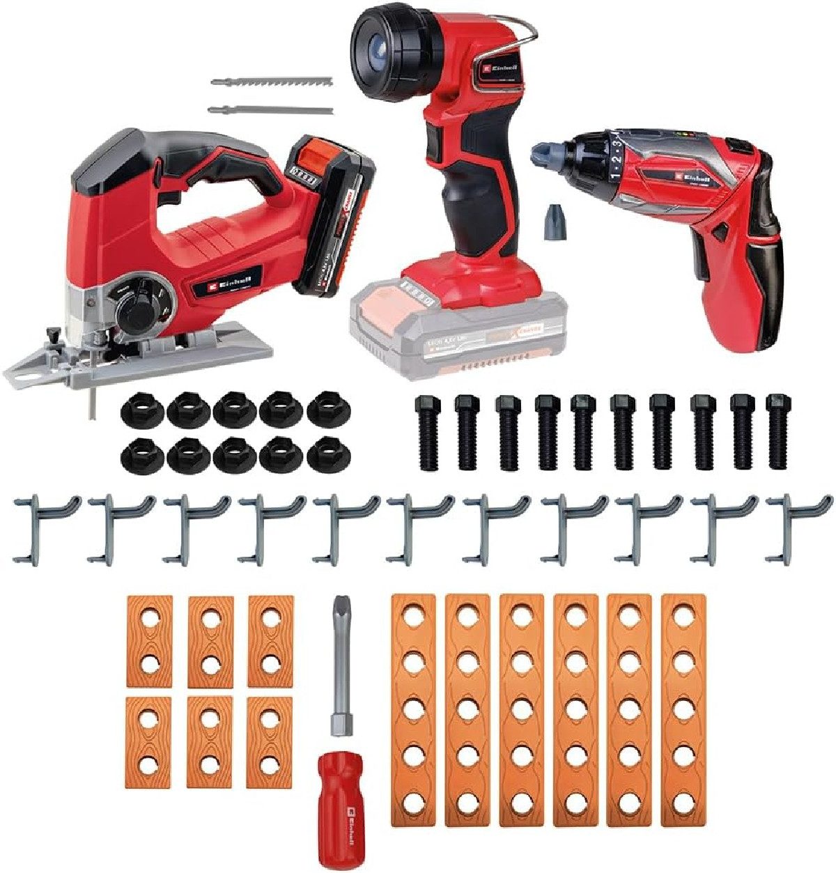 Happy People Spielwerkbank Einhell KIDS E-Case Kinder Werkbank (110 Teile), inkl. Stichsäge, Akku-Lampe und Mini-Schrauber