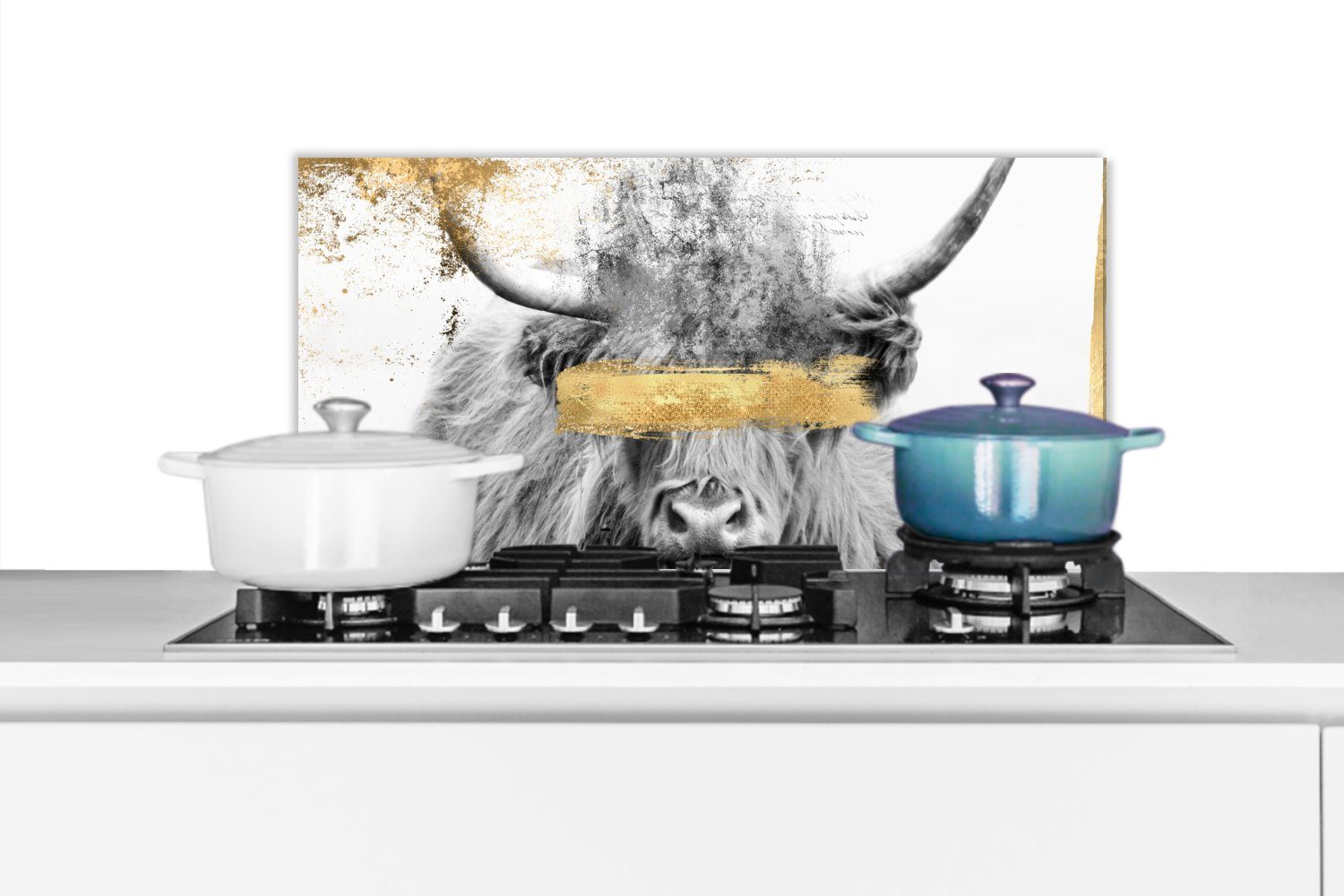MuchoWow Küchenrückwand Gold - Schottischer Highlander - Schwarz - Weiß, (1-tlg), 60x30 cm, Wandschutz, gegen Fett und Schmutzflecken für Küchen | Küchenrückwände