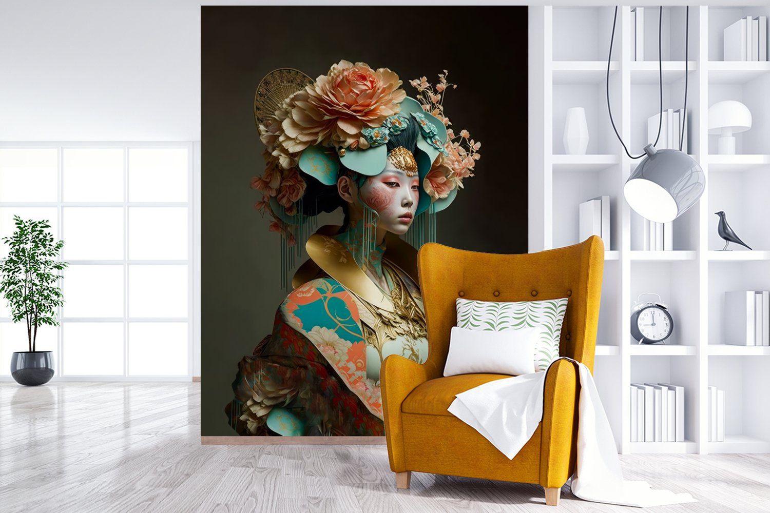 - - bedruckt, Wandtapete Montagefertig Blumen - Asiatisch, Matt, für MuchoWow Frau (4 Porträt Fototapete - Orange Tapete Wohnzimmer, Vinyl St),