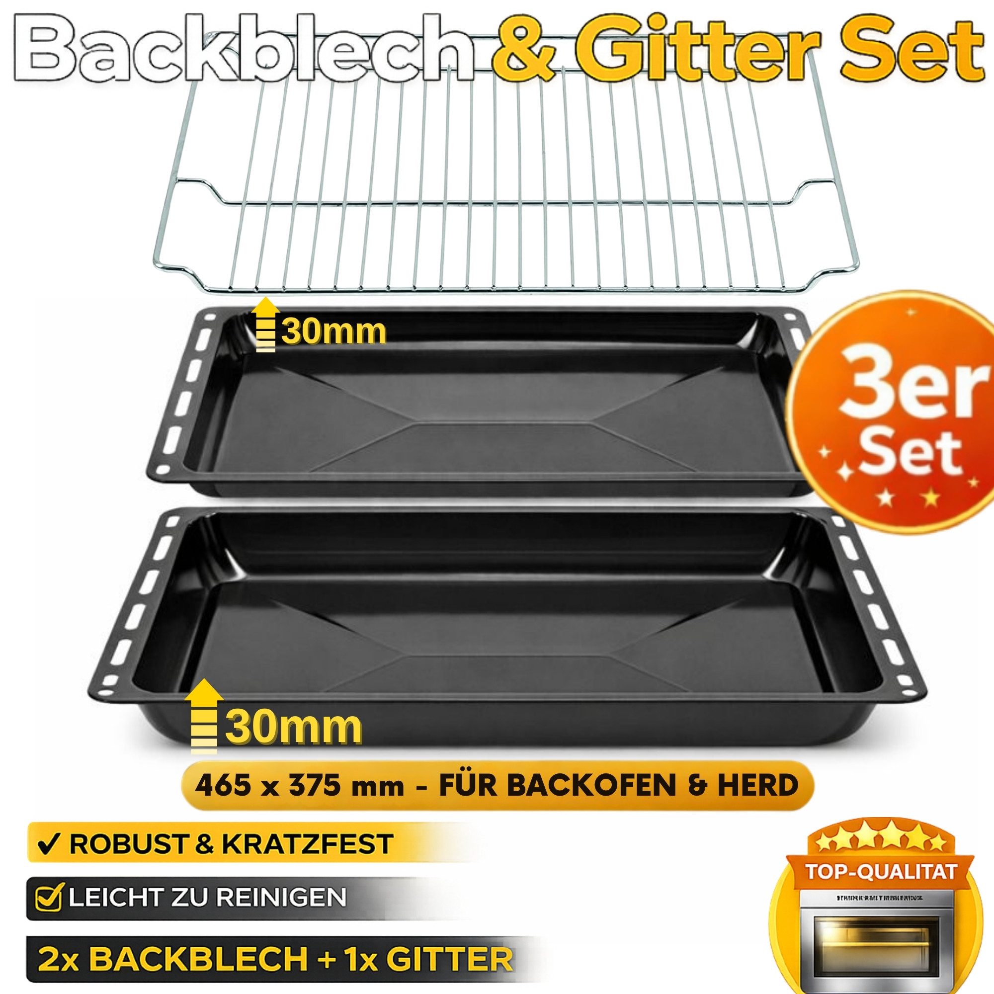 ICQN Backblech 465 x 370 x 30 doppelt Set mit Gitter, Emaille, (Set, 3-St., Fettpfanne und Verchromt Backofenrost), Passend für Bosch Neff …