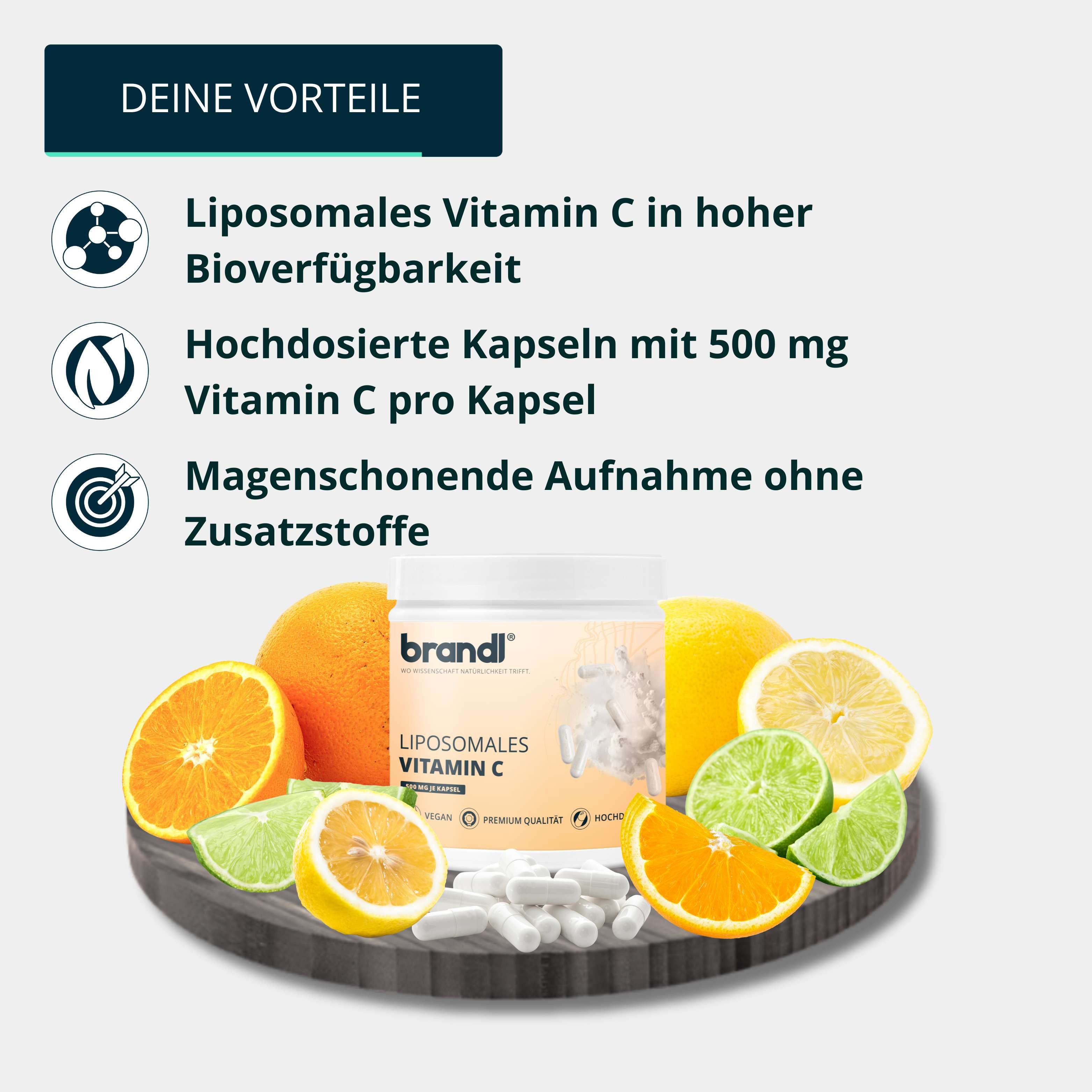 Brandl Nutrition Liposomales Vitamin C (Ascorbinsäure) - Hohe Bioverfügbarkeit, vegan Kapseln, Vitamin C Kapseln 500mg - unabhängig laborgeprüft, vegan