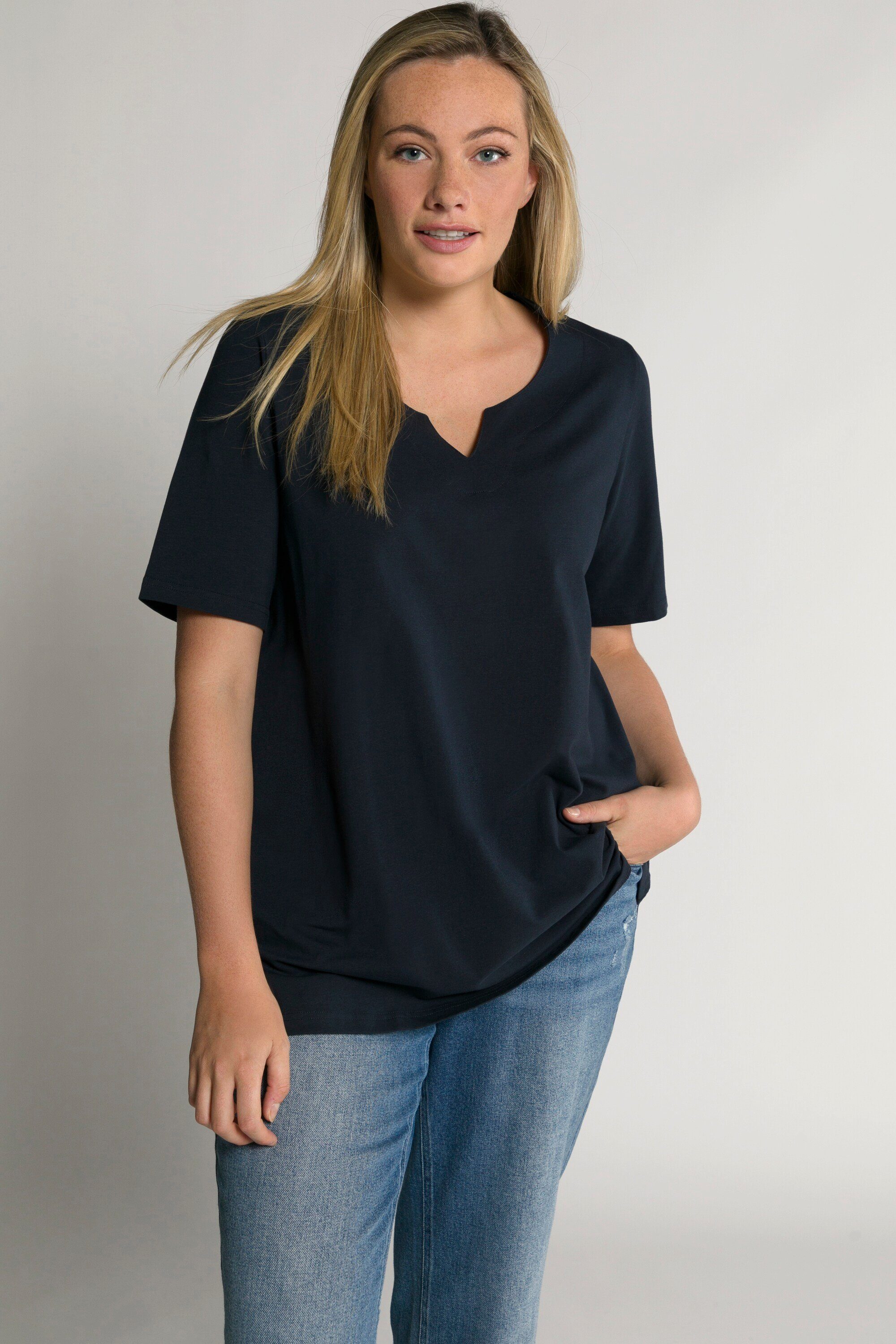 Popken T-Shirt A-Linie marine Tunika-Ausschnitt Halbarm Ulla Rundhalsshirt