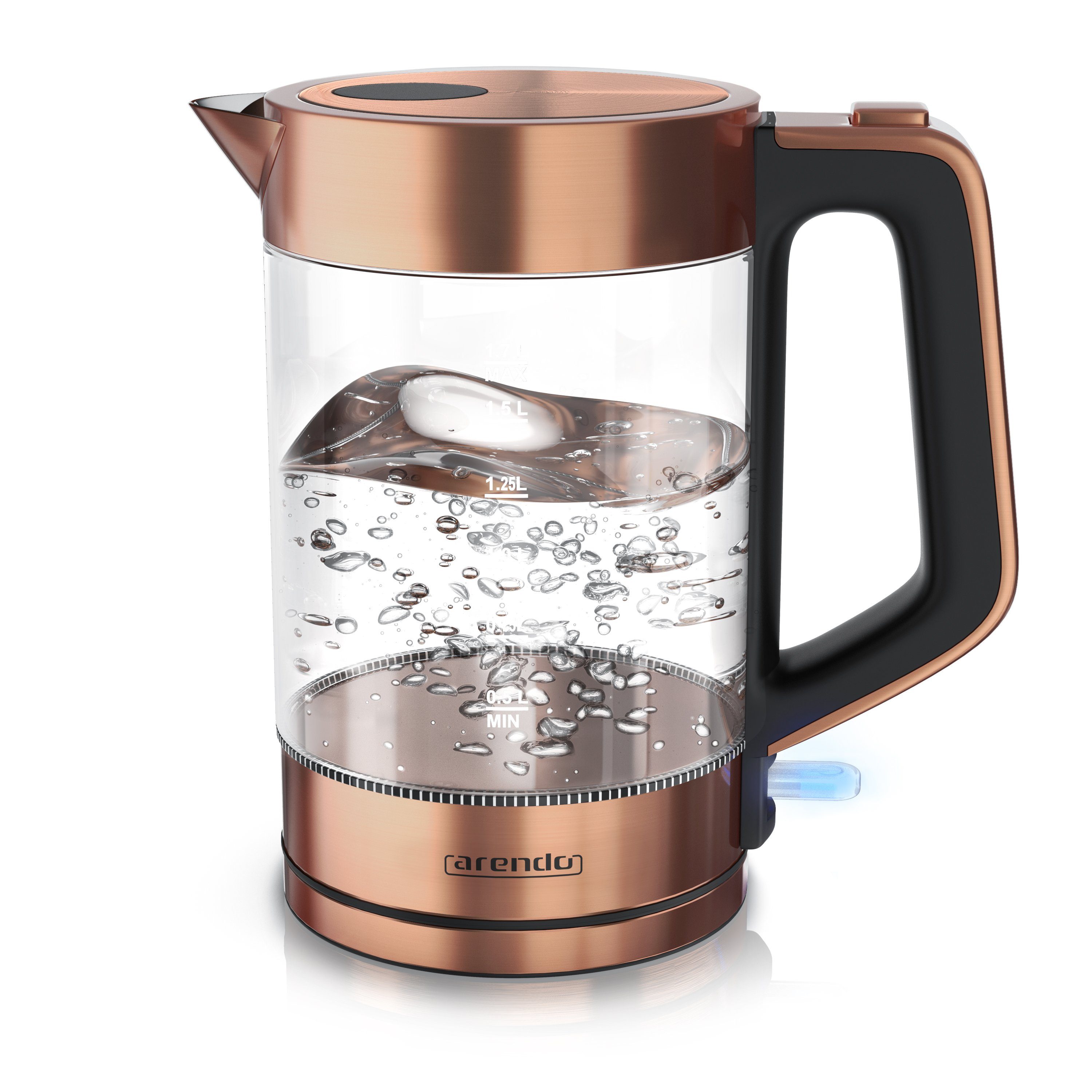 Arendo Wasserkocher aus Glas & Edelstahl, Cool-Touch-Griff, Füllstandsanzeige, Kupfer, 1,7 l, 2200 W, Überhitzungsschutz, One Touch Verschluss, automatische Abschaltung