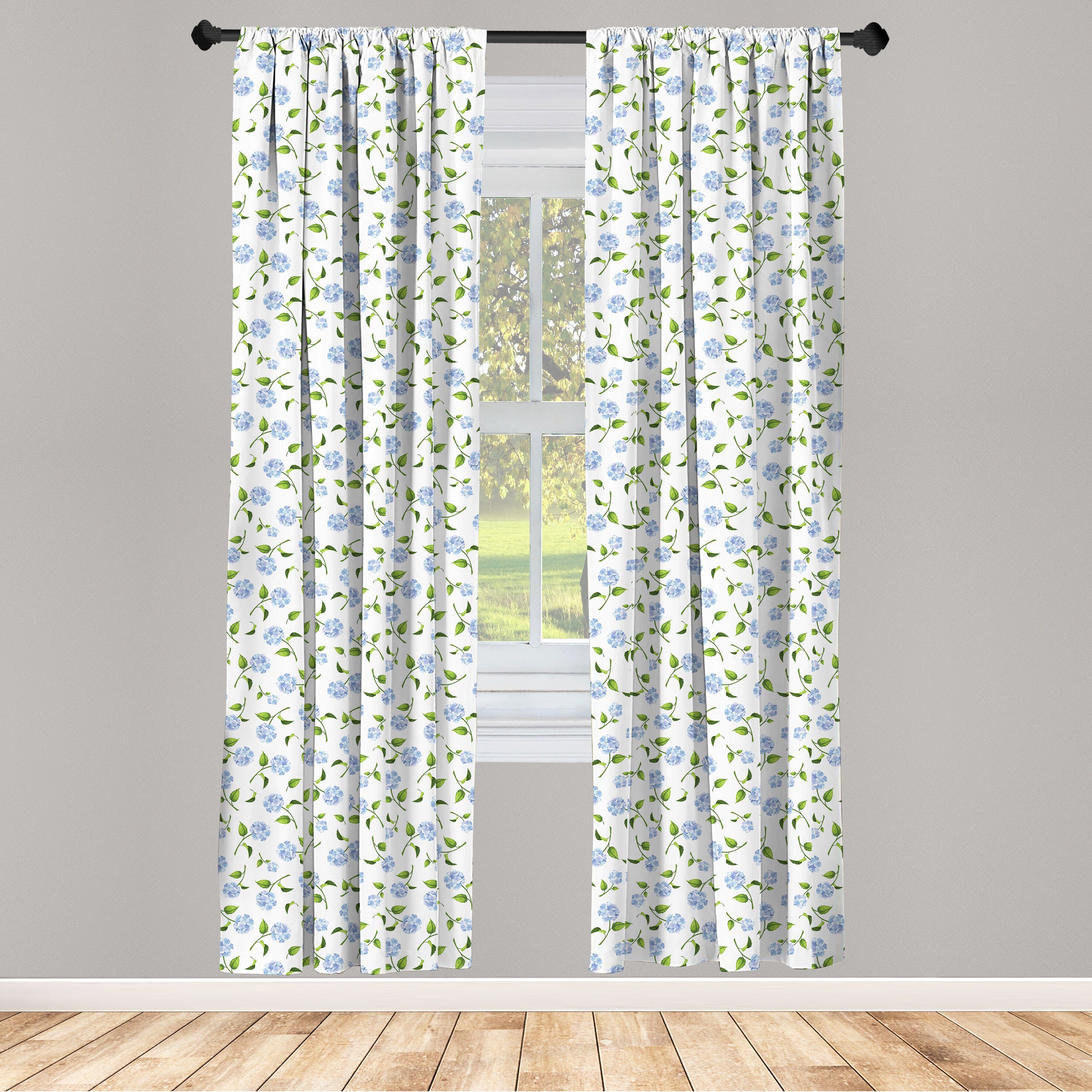 Gardine Microfaser, Blumen Aquarell-Blue Hydrangea Dekor, Abakuhaus, Vorhang Schlafzimmer für Wohnzimmer