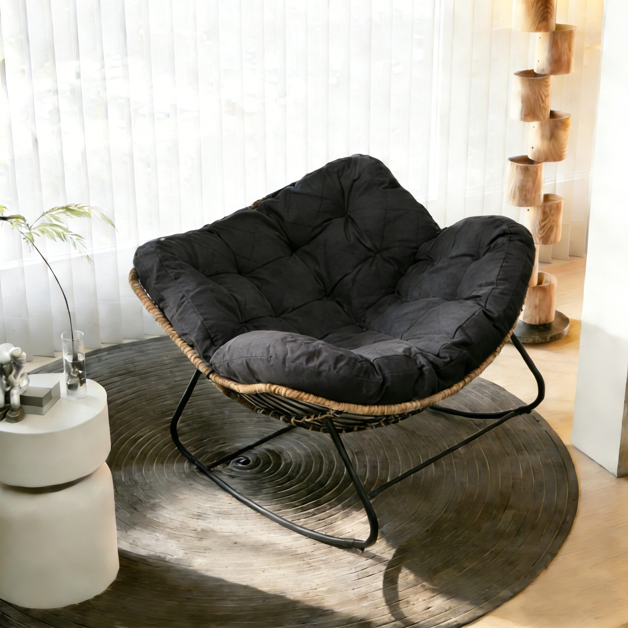 TWSOUL Schaukelsessel Extra dickes gepolstertem, Rattanstuhl Relaxstuhl mit Stahlrahmen, Bis 170kg, Dicke Kissen Balkon Garten Wohnzimmer Schlafzimmer