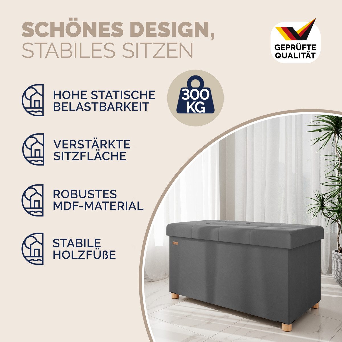 Casaria Sitzbank, Samt Anthrazit Faltbar mit Holzfüßen 76x38cm 300kg Belastbarkeit Flur