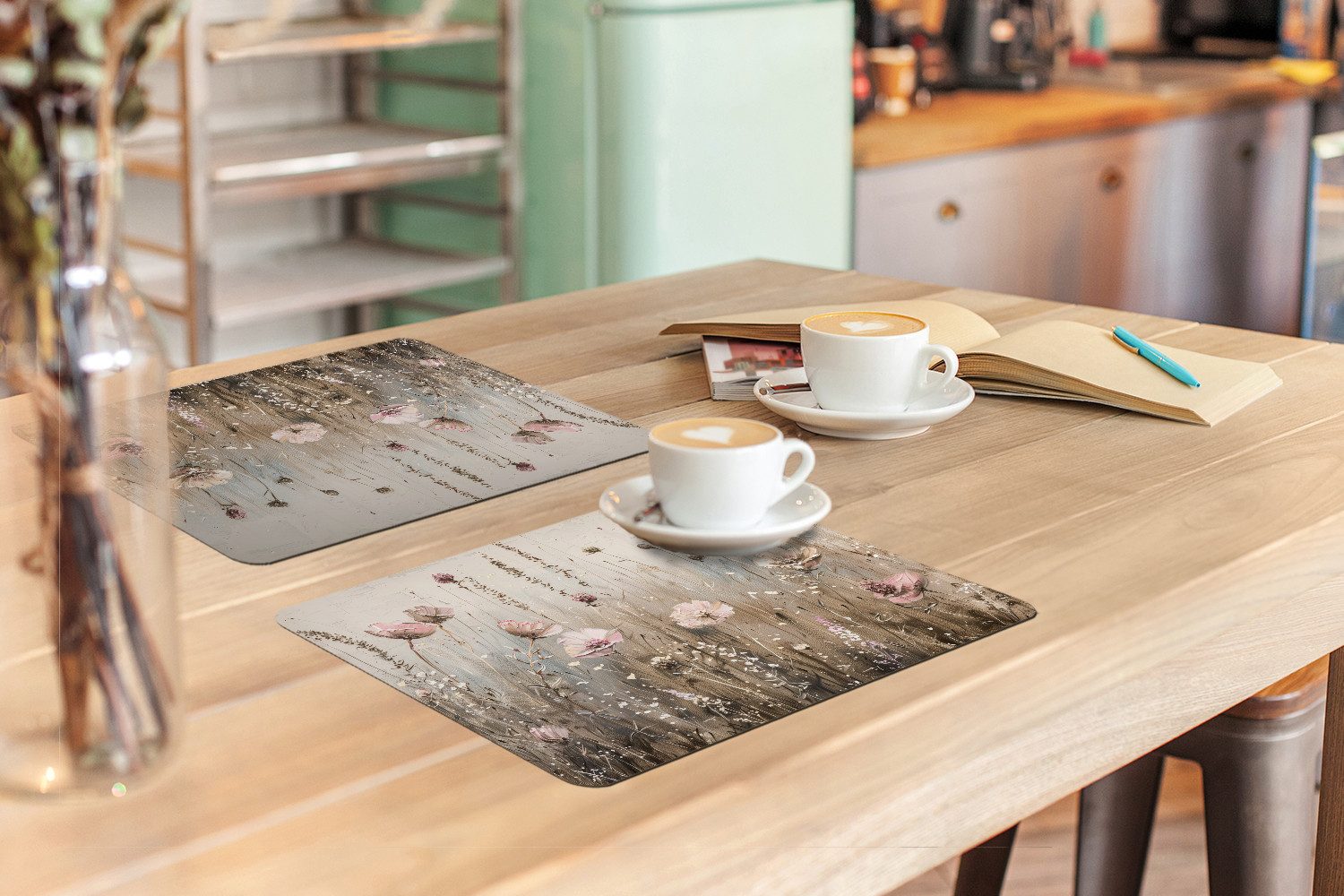 MuchoWow Platzset Blumen - Rosa - Modern - Beige, (6-St), Platzsets, Tischset, Abwaschbar, Tischsets, Platzdeckchen