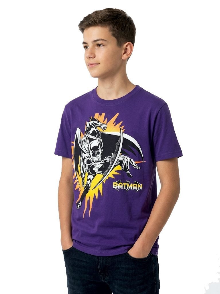 Batman Print-Shirt Batman T-Shirt für Jungen Lila – Cooles Comic-Design – Gr. S 13-16 J. Batman T-Shirt Front + Back Print