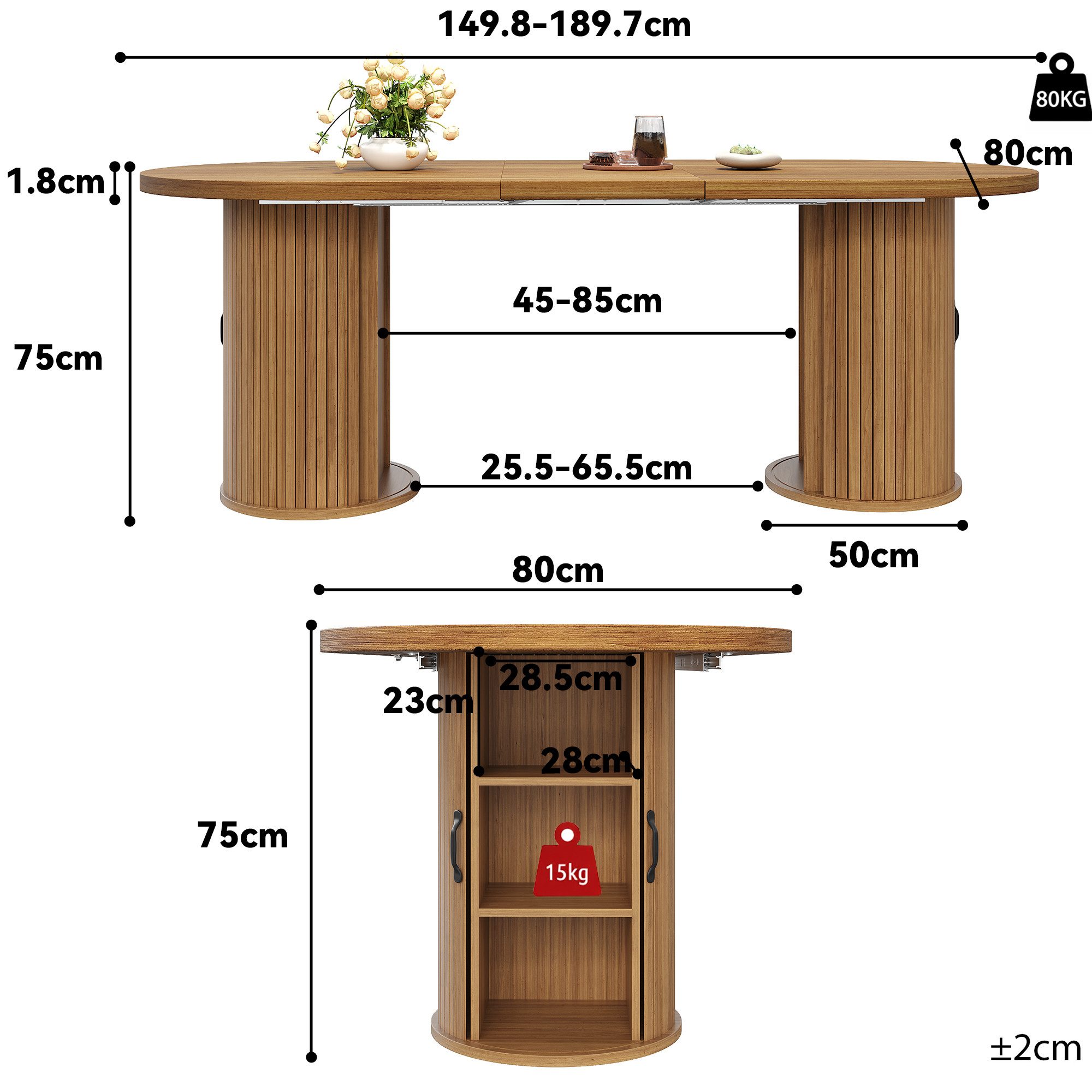 KLAM HOME Esstisch Ausziehbarer Esstisch mit verdecktem Staufach, 149,8‑189,7 cm (Multifunktionaler Küchentisch mit Teleskop‑Mechanismus ohne Werkzeug), Flexibl – Bild 3 von 5