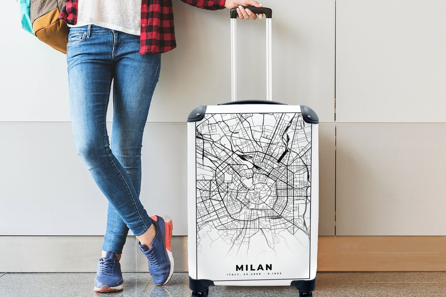 MuchoWow Mailand 4 für rollen, Karte, und Trolley, mit Rollen, Handgepäck Reisekoffer Schwarz Stadtplan - - - Reisetasche Handgepäckkoffer Ferien, weiß
