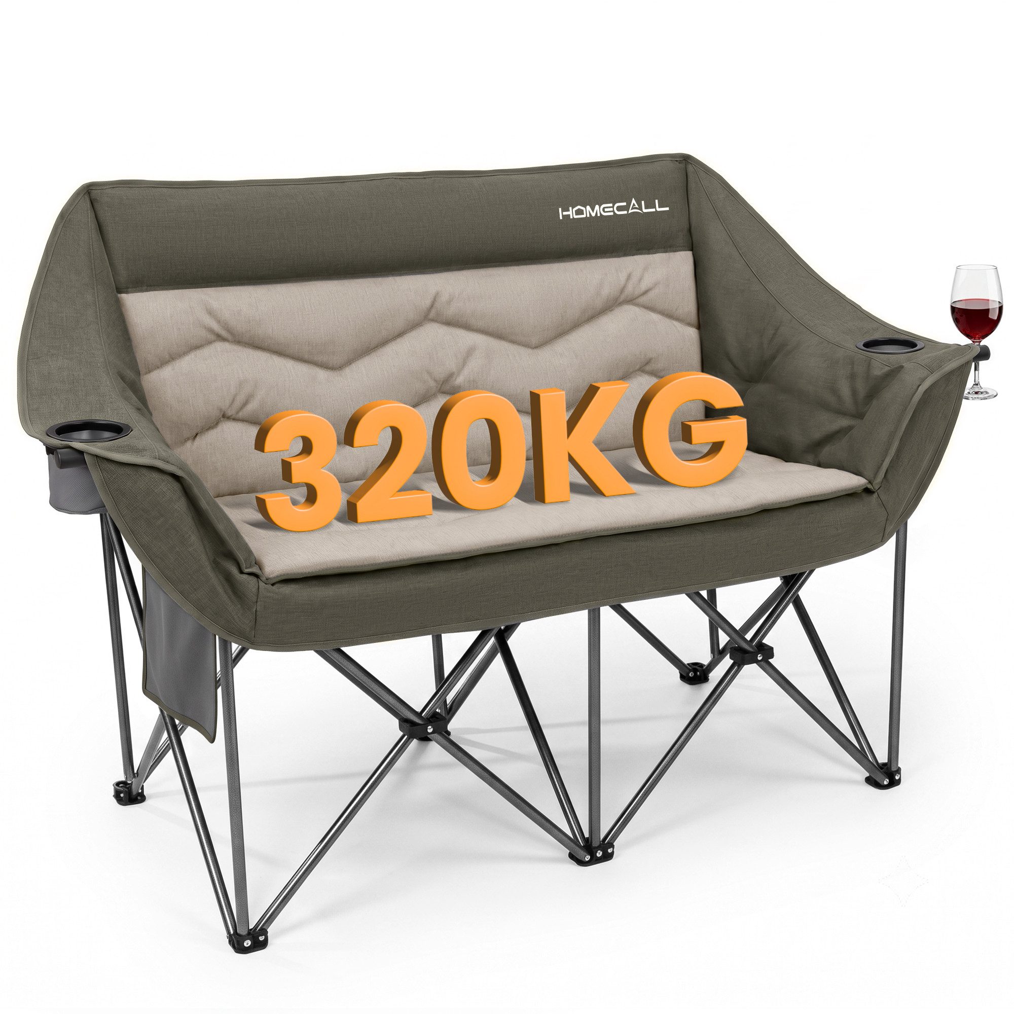 HOMECALL Campingstuhl Camping Sofa faltbar XXL für 2 Personen Luxus Camping Couch Doppelter (mit 107 cm Sitzbreite, hoher Rückenlehne und 2 Getränkehaltern), Camping-Sitzbank Für 2 Personen, big 320 kg