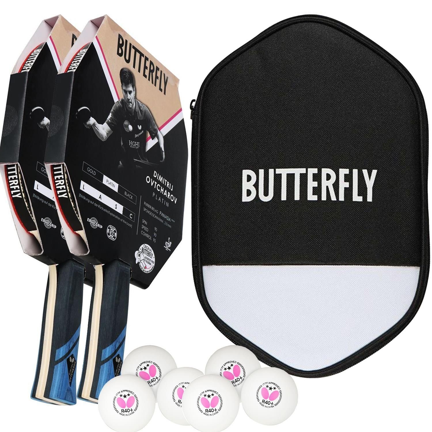 Butterfly Tischtennisschläger 2x Dimitrij Ovtcharov Platin + CC2 + Bälle, Tischtennis Schläger Set Tischtennisset Table Tennis Bat Racket