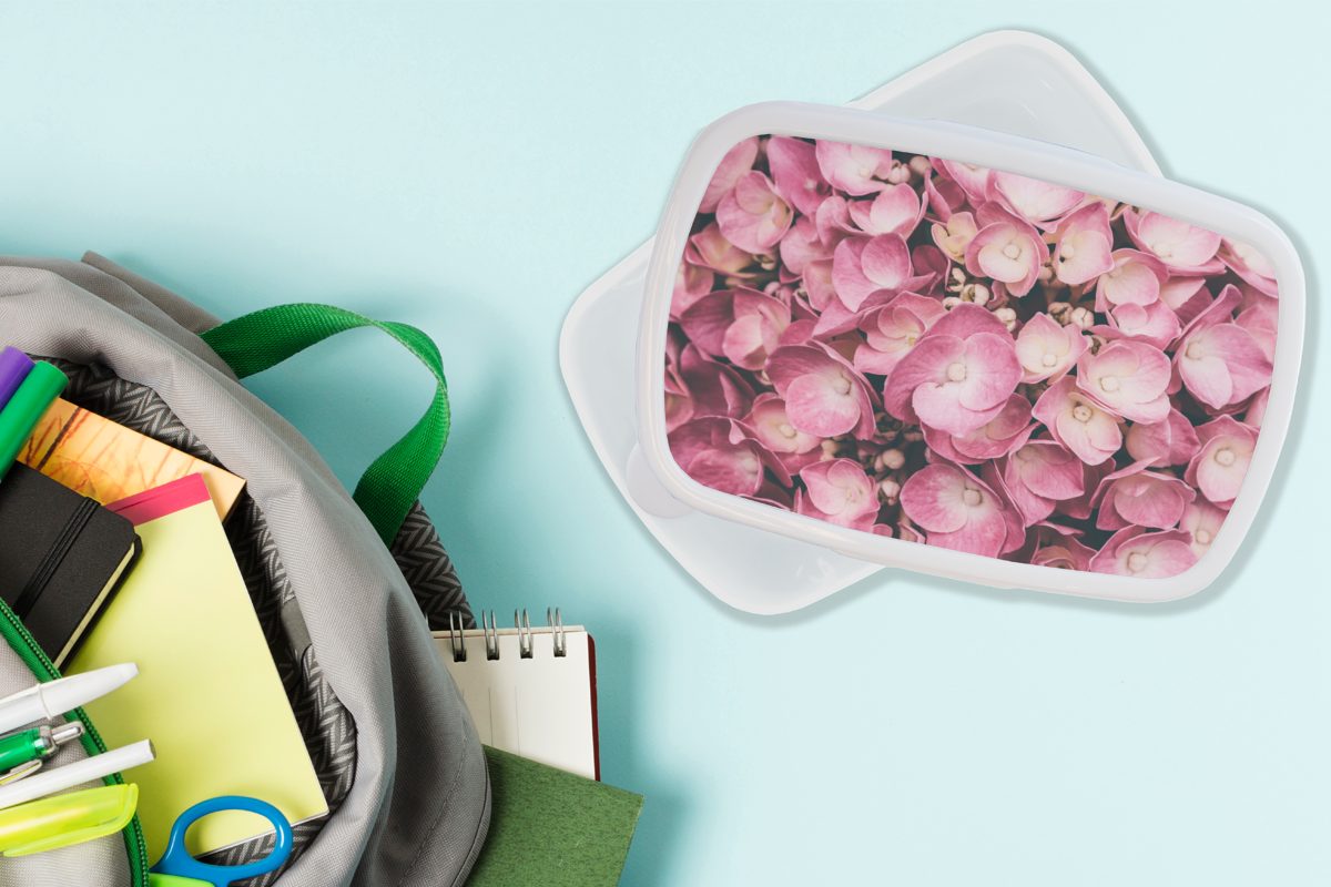 Kinder Jungs Nahaufnahme rosa Kunststoff, und weiß Brotbox Brotdose, Mädchen (2-tlg), für und Erwachsene, MuchoWow Lunchbox für Hortensien,