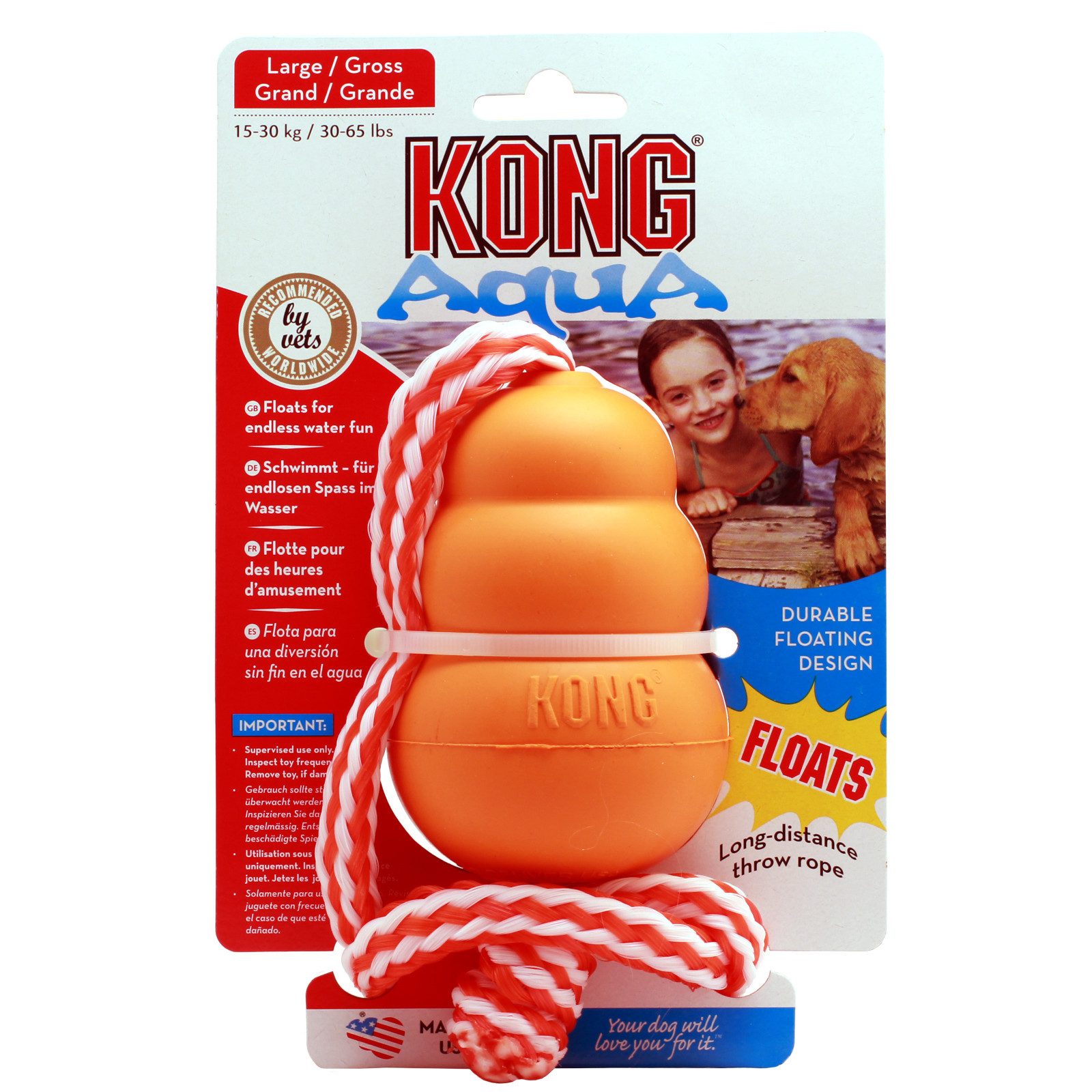 Kauspielzeug KONG Aqua M, rot mit Seil, Kauspielzeug aus Naturkautschuk für Hunde