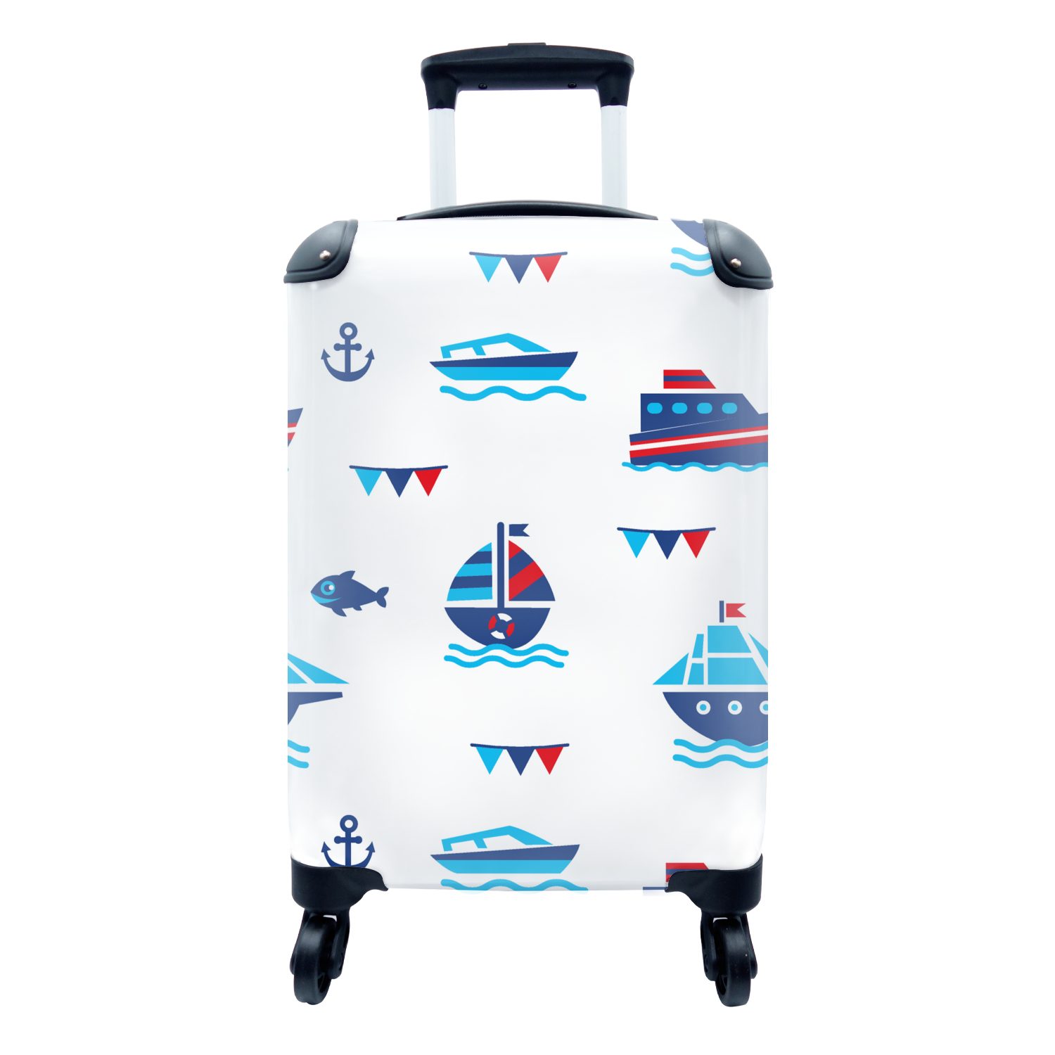 MuchoWow Handgepäckkoffer Boot - Blau - Rot - Junge - Muster, 4 Rollen, Reisetasche mit rollen, Handgepäck für Ferien, Trolley, Reisekoffer