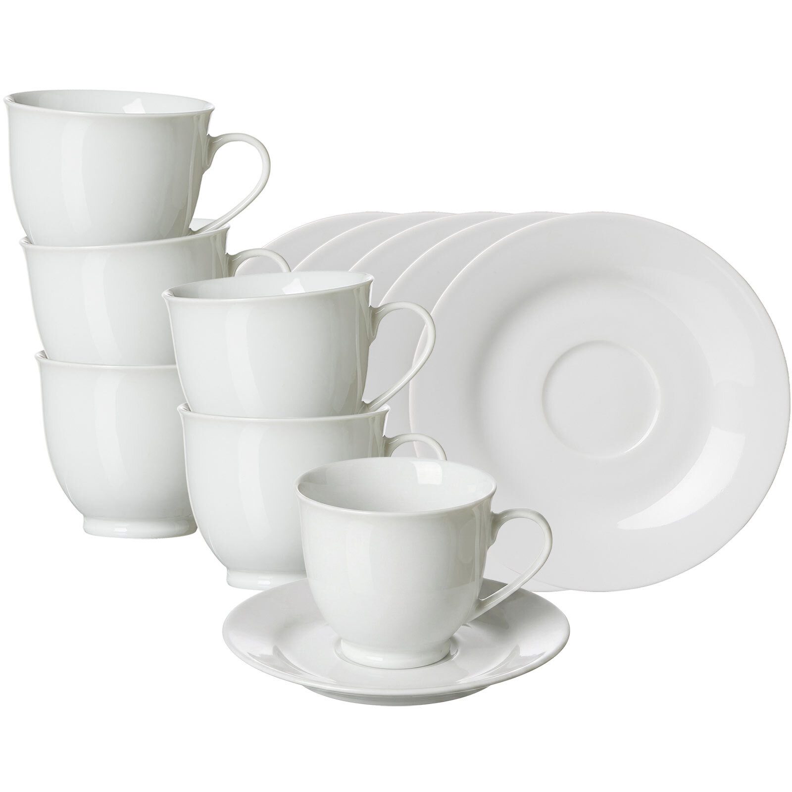 Ritzenhoff & Breker Tasse Bianco Rondo Kaffeetassen mit Untertassen 180 ml, 6-tlg., Porzellan
