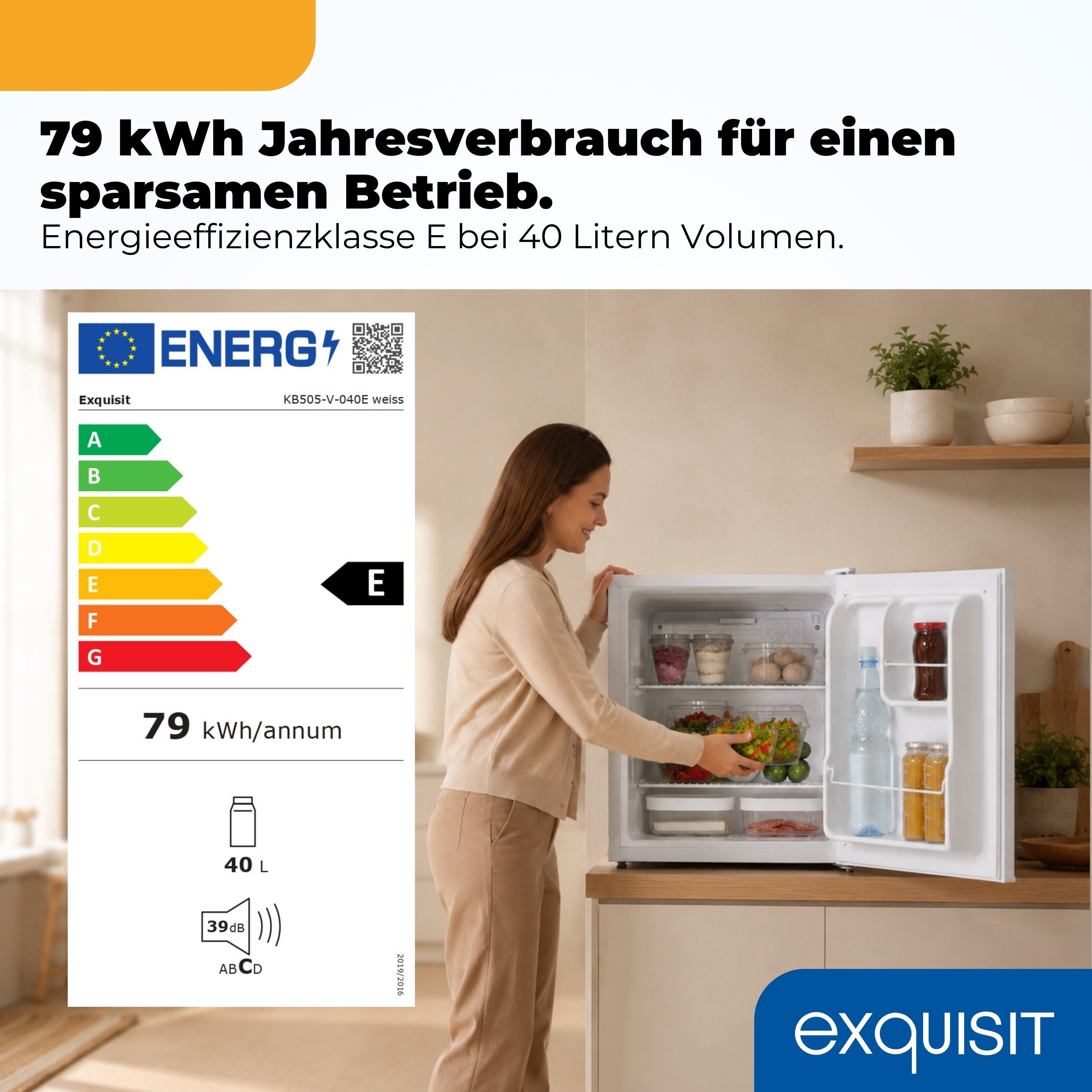 exquisit Table Top Kühlschrank KB505-V-040E, 51 cm hoch, 44 cm breit, 40 L Nutzinhalt, kompakt und platzsparend, Gitterablage