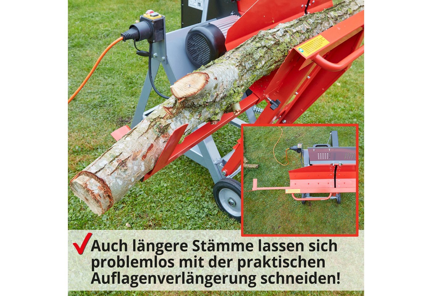 Thumbnail - Hecht Wippkreissäge 8300 Elektro mit Ø 505 mm HM Sägeblatt, Auflagenverlängerung, Äste bis ⌀ 17 cm, mit Räder, 3000 W
