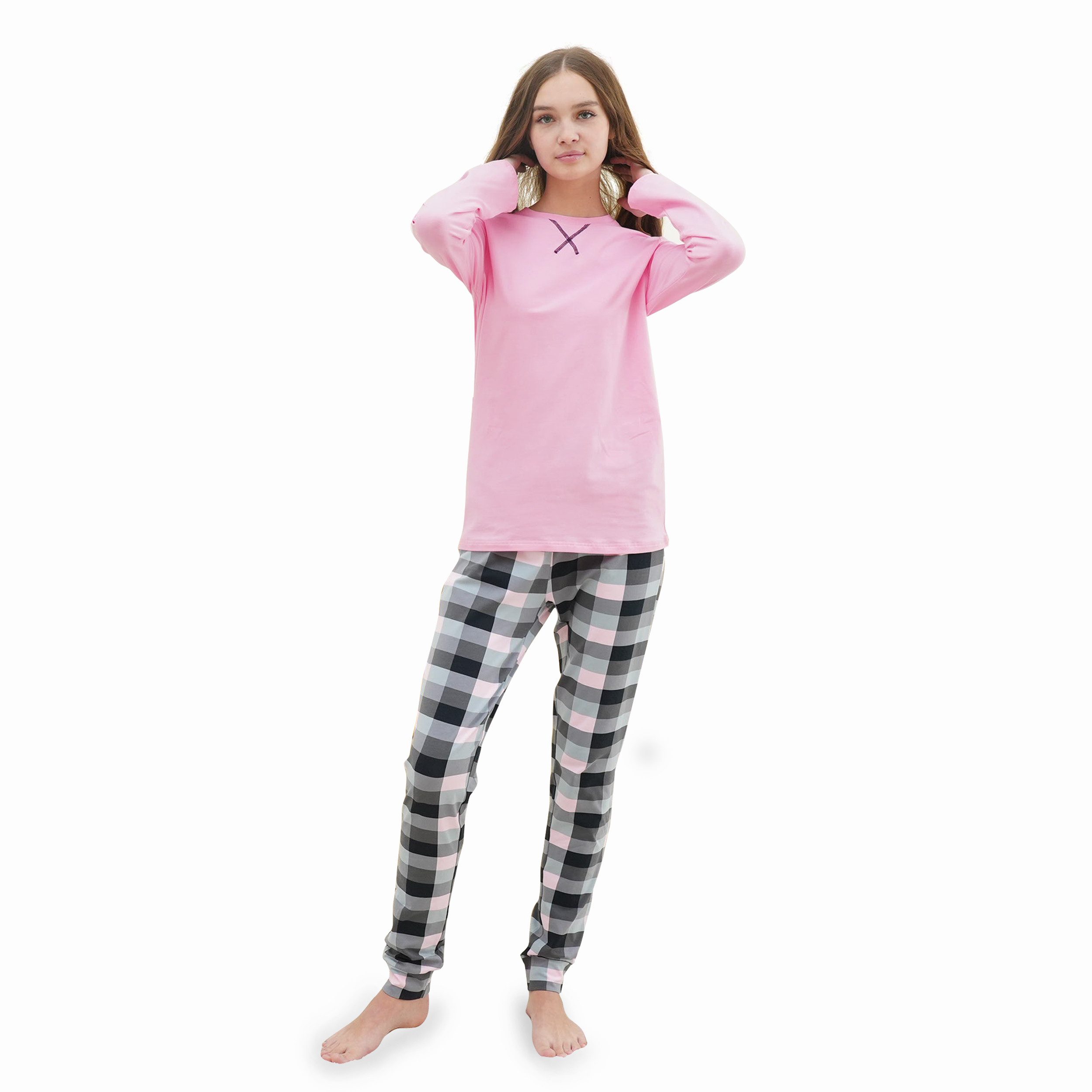 LOREZA Pyjama Mädchen Schlafanzug zweiteilig Set Langarm - Basic Kariert (Set, 2 tlg)