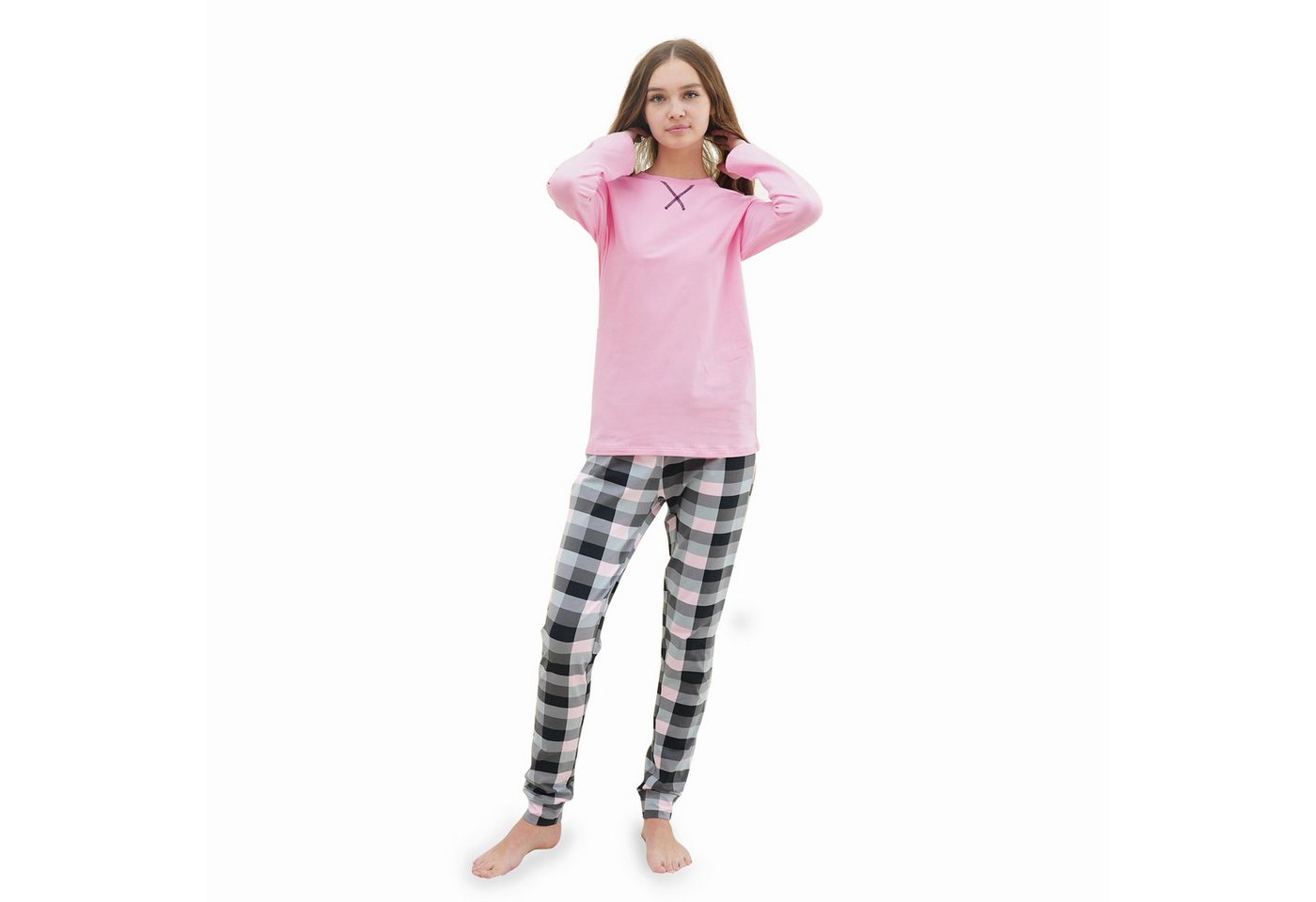 LOREZA Pyjama Mädchen Schlafanzug zweiteilig Set Langarm - Basic Kariert (Set, 2 tlg)