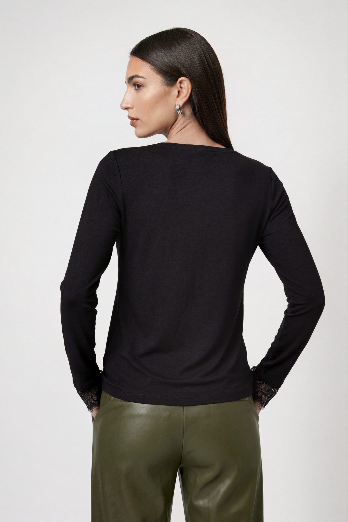 Monari Langarmshirt Shirt Basic Spitzendetail Regular fit mit Spitzenborte