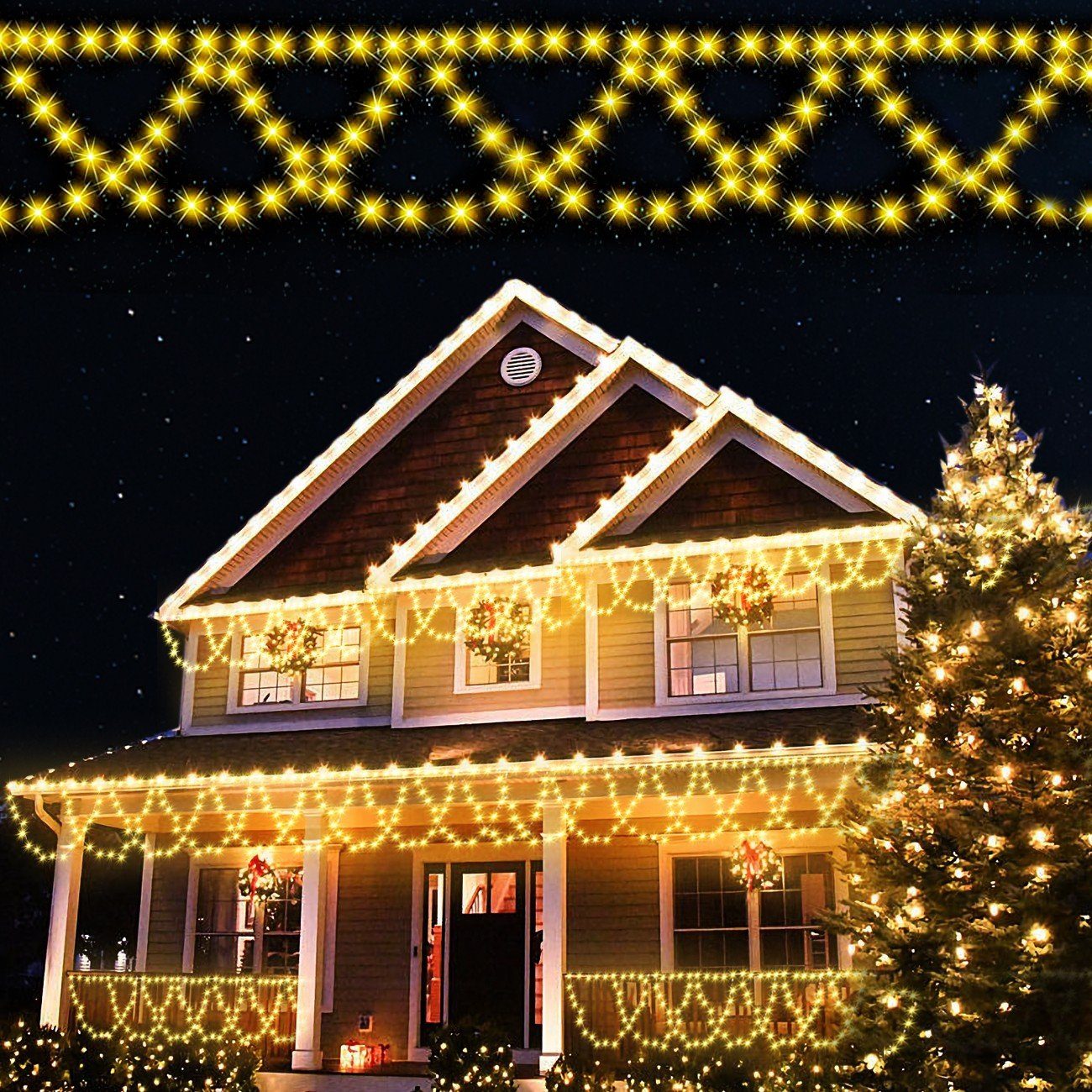 Elegear LED-Lichtervorhang Außen Weihnachtsbeleuchtung, 10M 450LEDs mit  Timer