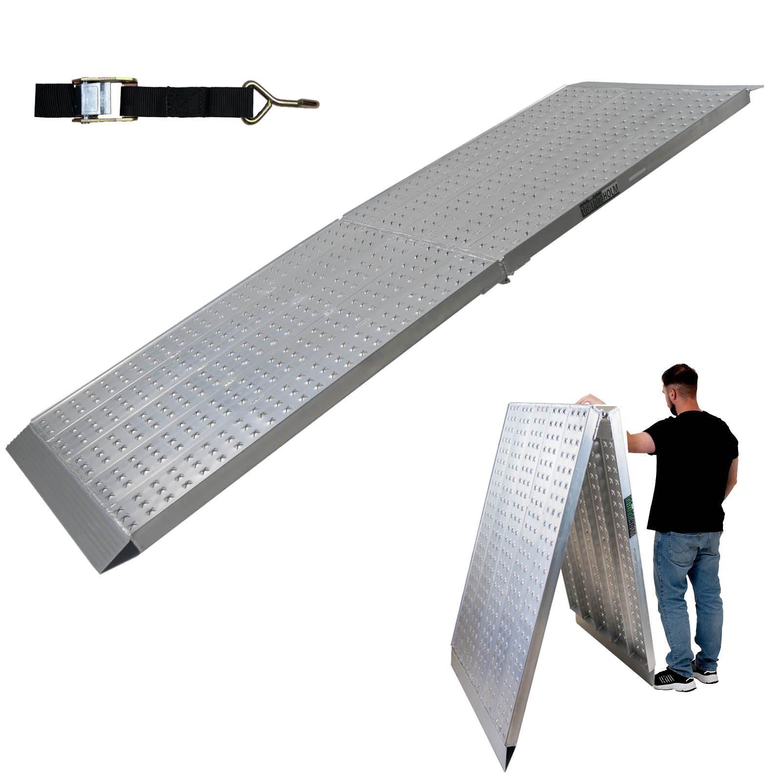 TRUTZHOLM Auffahrrampe extrabreit 300cm klappbar Alu 400Kg 70cm Rampe Verladerampe Eventrampe (Stück, 1-St., Inkl. 1x Spanngurt), extralang,breite Lauffläche,perforierte Oberfläche,leicht