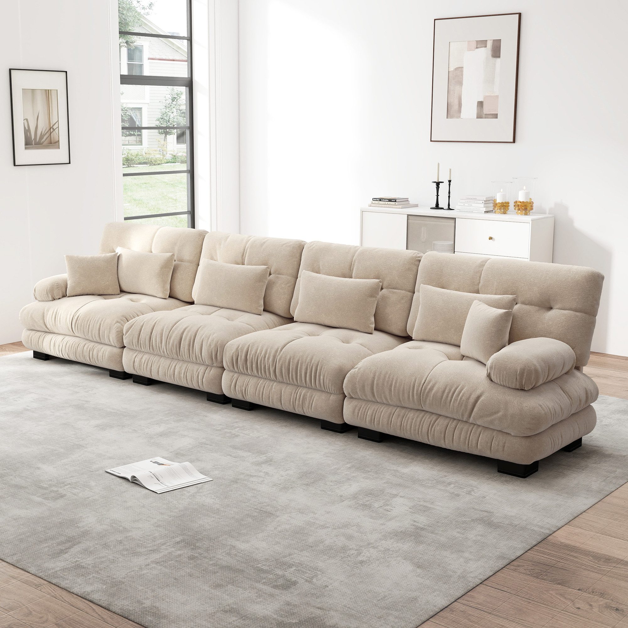 HAUSS SPOLE Schlafsofa für Wohnzimmer aus Chenille,Relaxsofa 4-Sitzer mit Kissen,Hellbraun