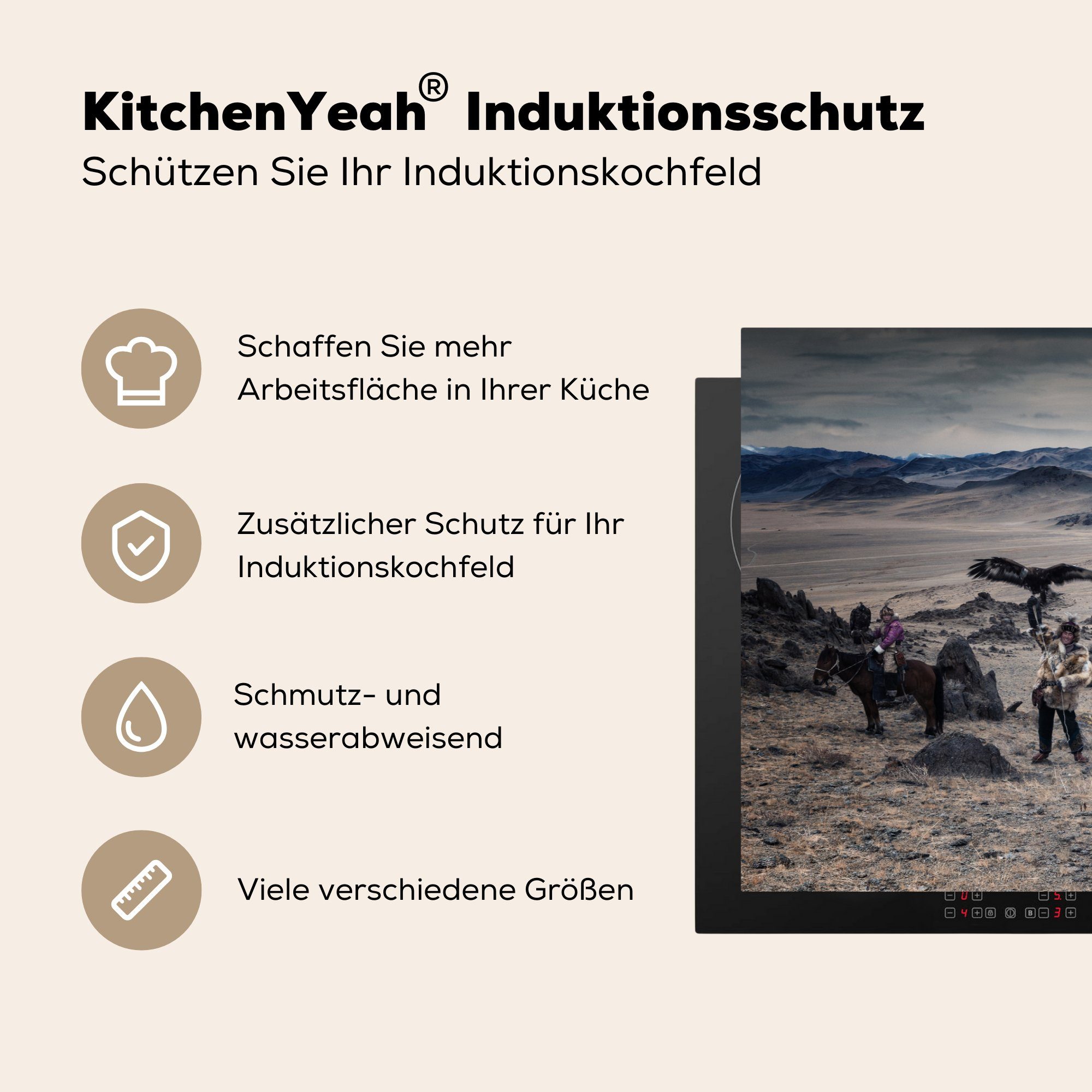 in für Induktionskochfeld Schutz küche, MuchoWow (1 Herdblende-/Abdeckplatte Adlerjäger Vinyl, der die Ceranfeldabdeckung 81x52 cm, Mongolei, tlg),