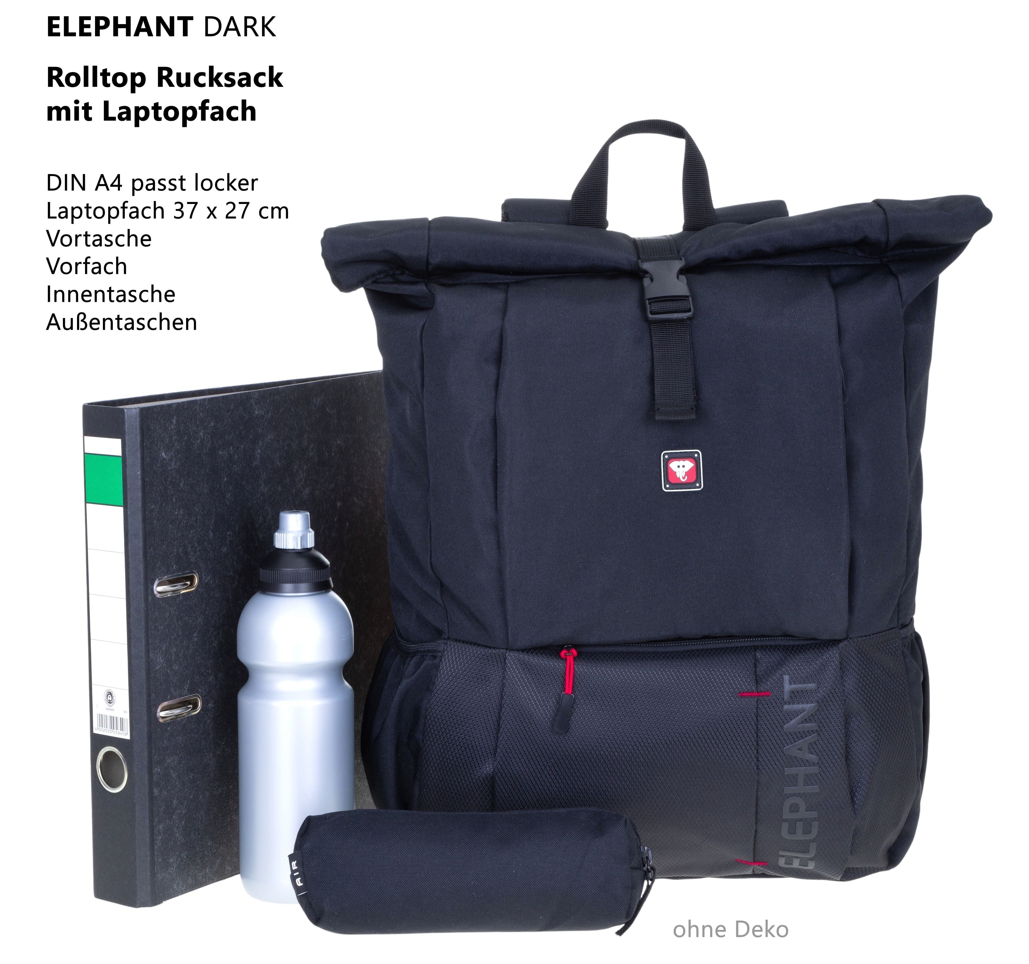 ELEPHANT Laptoprucksack Rucksack Laptop Daypack Büro Reise Handgepäck DIN A4, Geheimfach Anti Theft Kurierrucksack Rolltop Bag Dark 3626 + Flasche