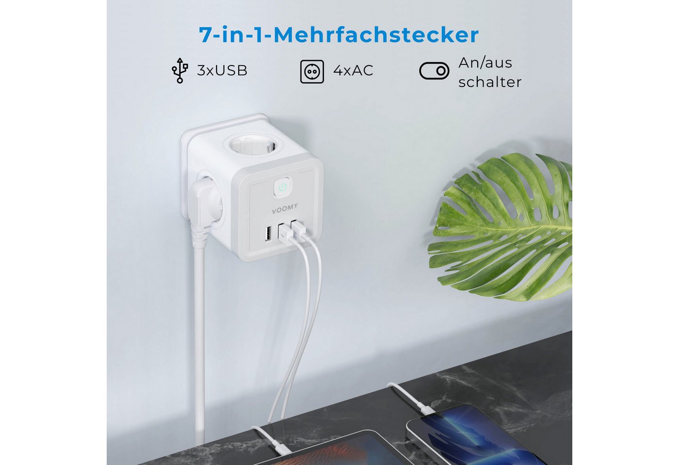 Thumbnail - Voomy Split X4 Mehrfachsteckdose (Steckdosenverteiler mit 3 USB-A, 4 AC, mit Überspannungsschutz, Ohne Kabel), 4000W mit...