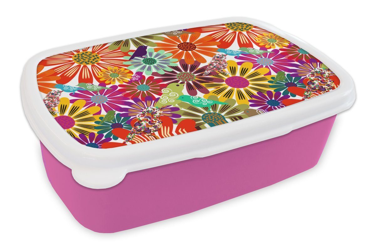 MuchoWow Lunchbox Regenbogen - Blumen - Muster - Hippie, Kunststoff, (2-tlg), Brotbox für Erwachsene, Brotdose Kinder, Snackbox, Mädchen, Kunststoff rosa