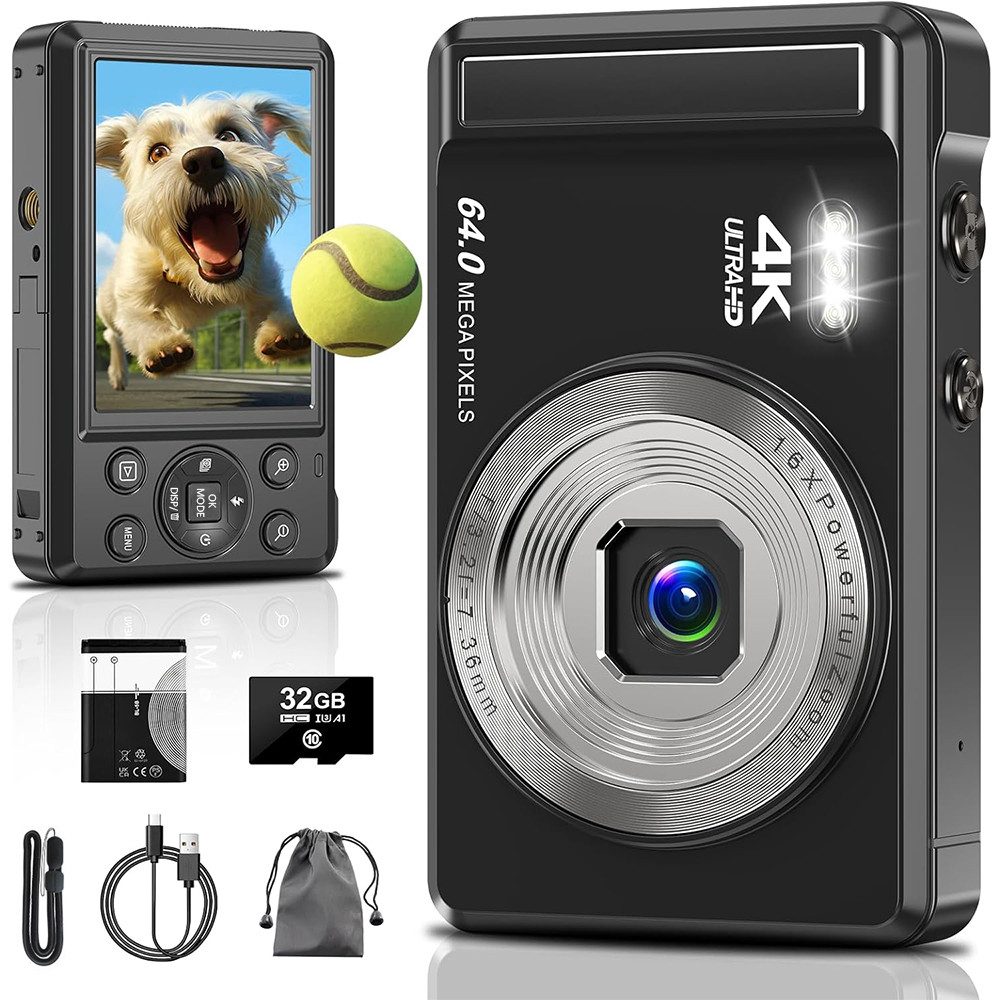 TUWENA 4K 64MP Digitalkamera mit 32 GB TF-Karte, Autofokus Fotoapparat Vollformat-Digitalkamera (mit 16X Digitalzoom Tragbar Kompaktkamera mit 1200mAh Batterie)