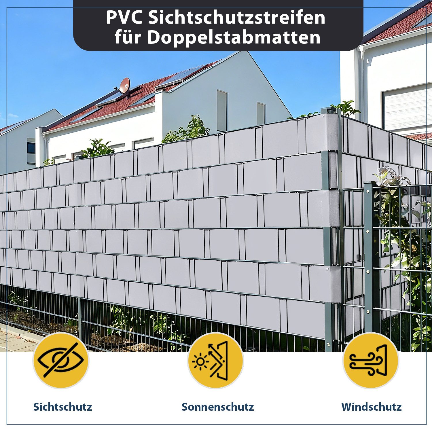 Sekey Sichtschutzstreifen PVC Sichtschutzstreifen blickdicht Sichtschutz Rolle 35/50m x 19cm, Nur 0,6 € pro Meter für Doppelstabmatten Zaun, inkl. Clips