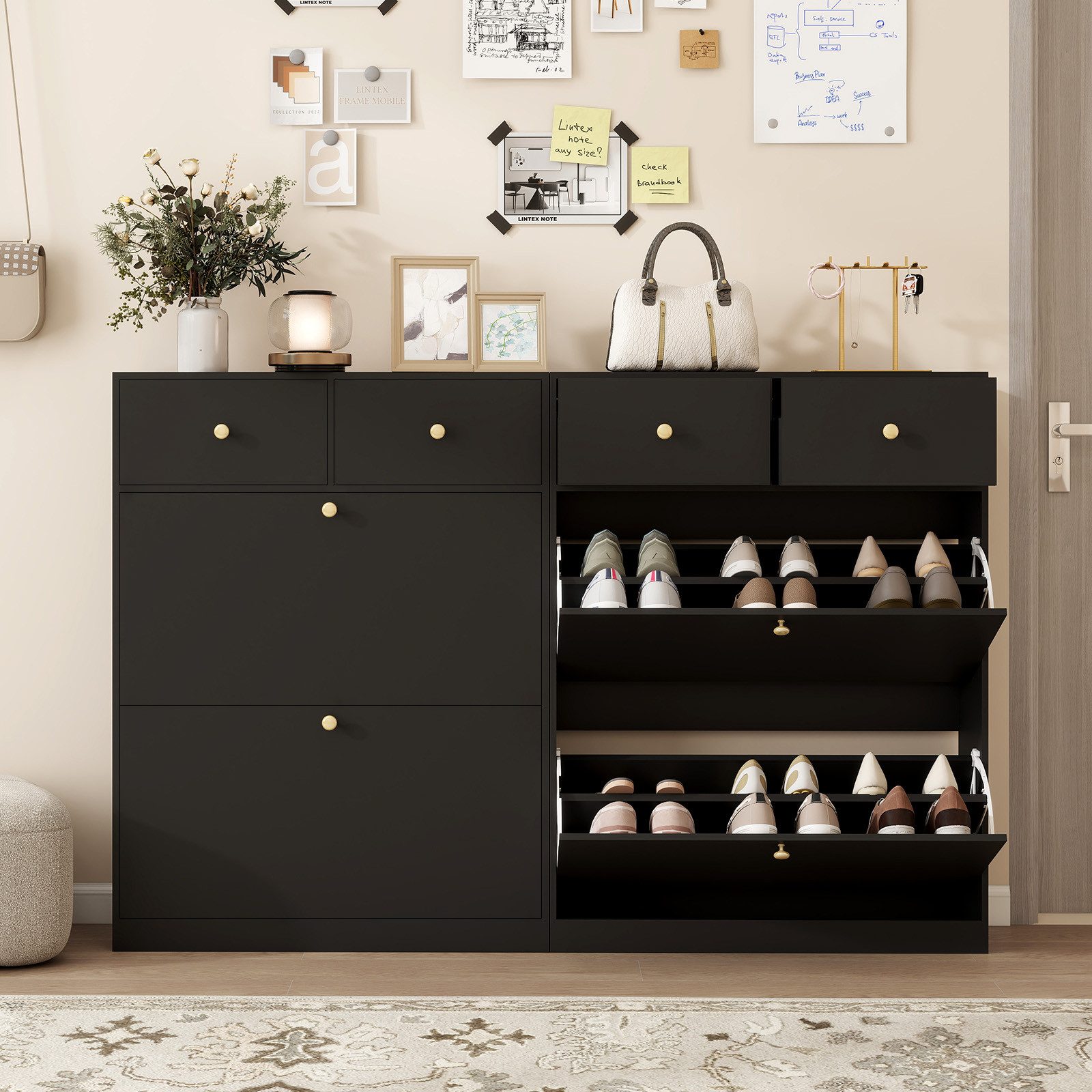 Puluomis Schuhschrank Schuhkipper mit 2 Schublade, 2 Klappen Schuhregal 24x80x106 cm (mit Kippschutz, weiß)