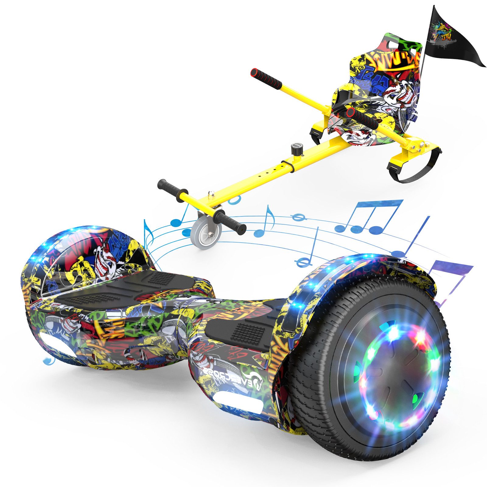 EVERCROSS TECH Balance Scooter Kart 6.5” Hoverboard mit Sitz, Leuchtende Reifen, Bluetooth-Musik, LED-Lichter, bis zu 10-15 km, Geschenke für Kinder