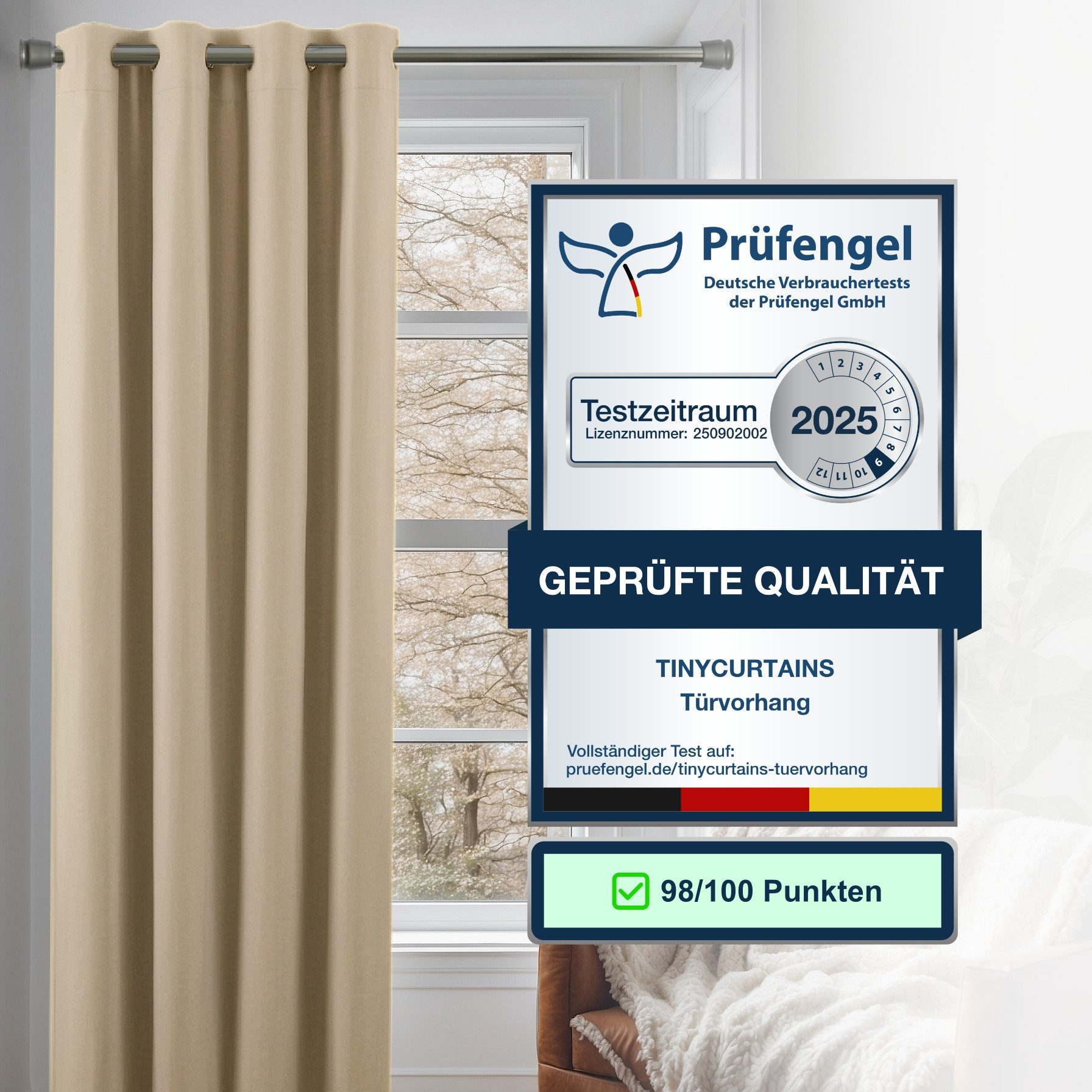 tinycurtains Türvorhang mit Stange silber 70-120 cm Thermo Vorhang ohne Bohren, mit Magneten, Ösen, abdunkelnd, Polyester, beige Driftwood, Türgardine mit Klemmstange Raumteiler verdunkelnd