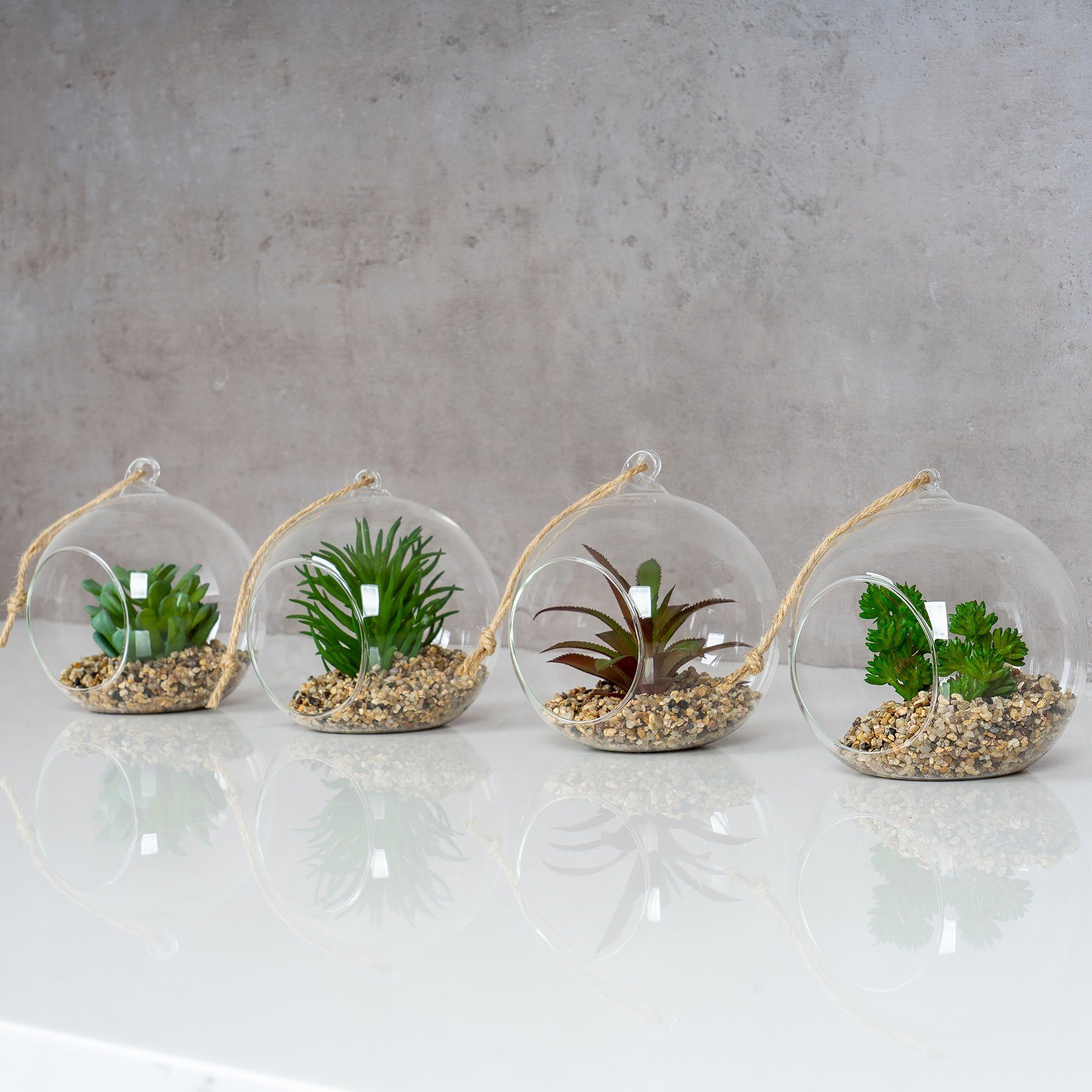 4er Kunstpflanze Sukkulenten Set Tischdeko 10x12cm Pflanze Dekoobjekt, Set 1 Levandeo® Glas Grün