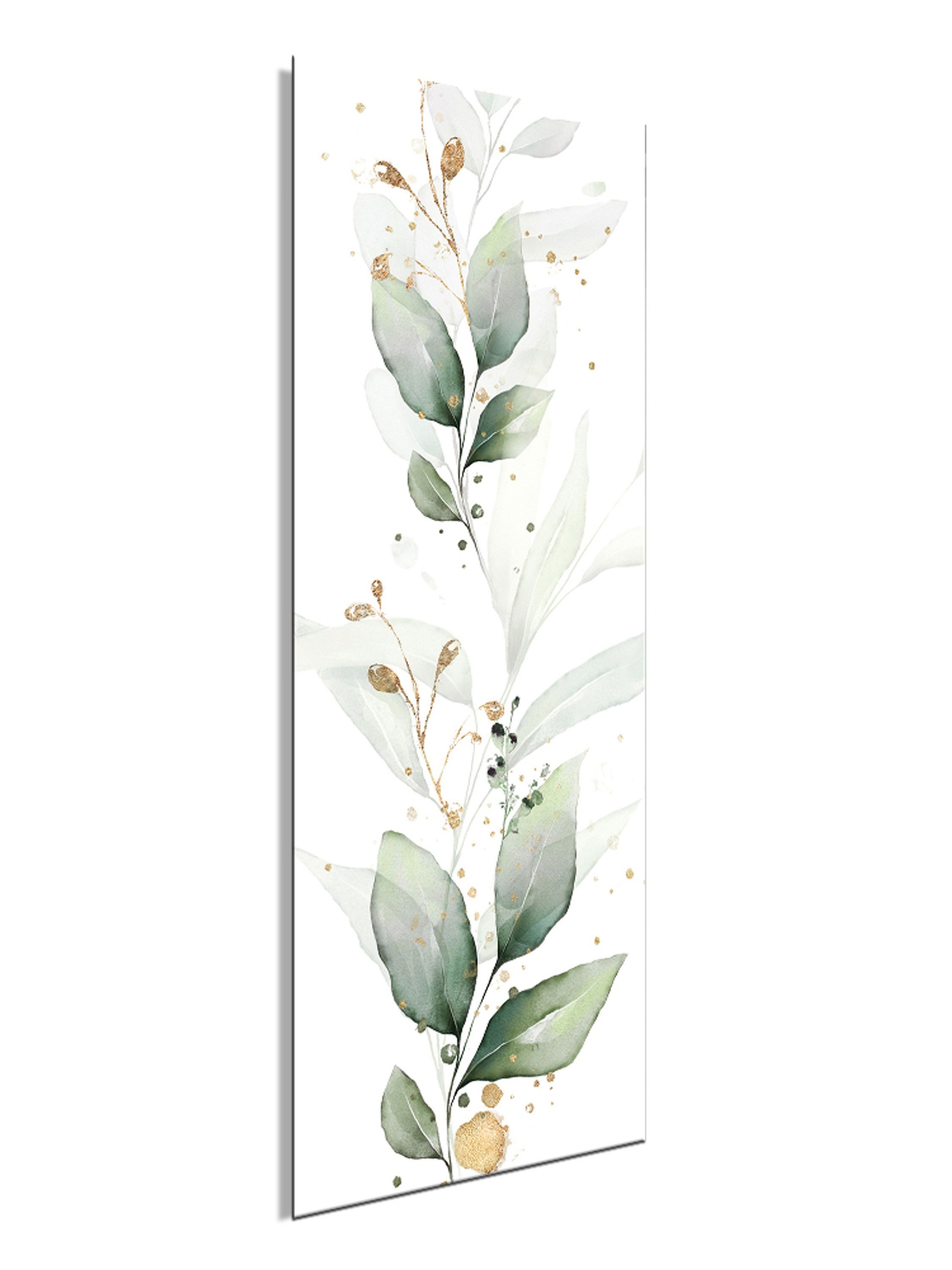 artissimo Glasbild Bild aus Glas 30x80 cm / Wandbild Hochformat / Wanddeko modern, Blumen und Blüten: Eukalyptus Aquarell in salbei-grün & gold – Bild 3 von 4
