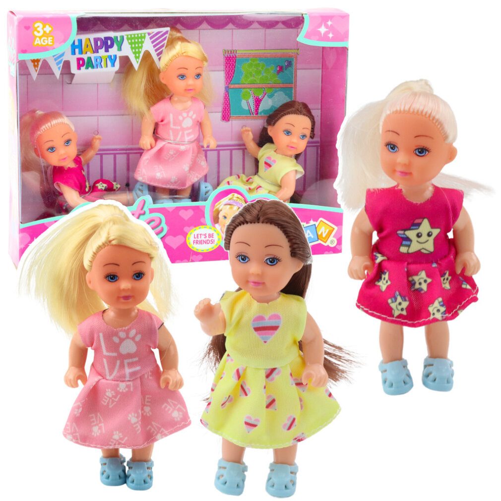 LEAN TOYS Babypuppe Lean 3Er-Set Mini-Puppen Geburtstagsparty Puppe Geburtstagskleid 3Tlg.