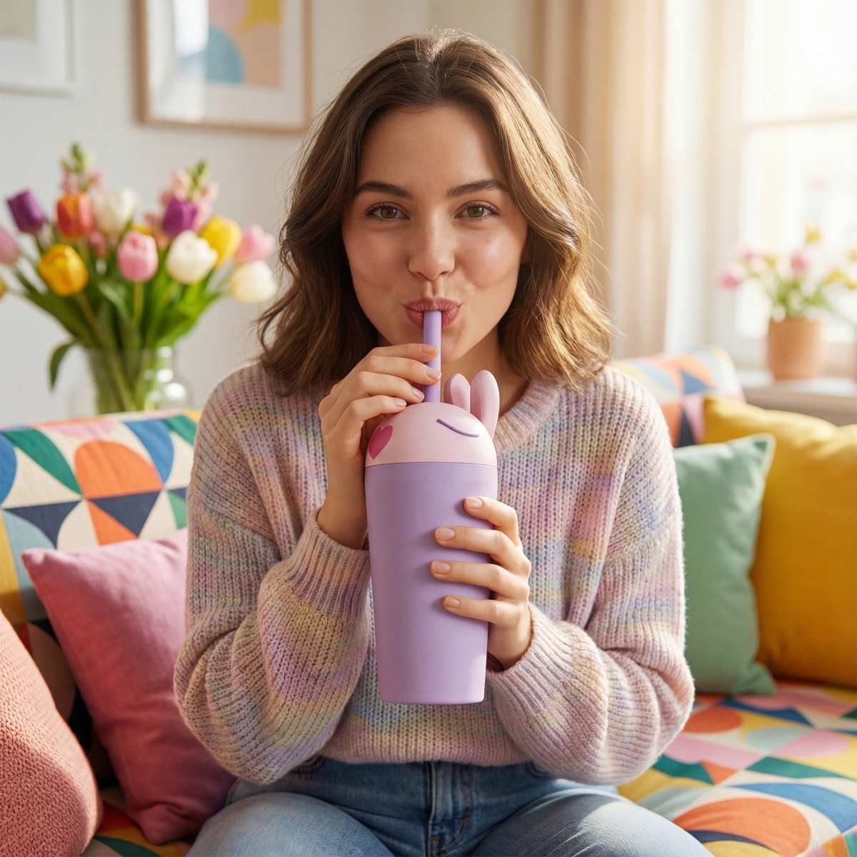 ASOBU Becher Edelstahl Trinkbecher 720 ml mit Strohhalm, Hase, isoliert