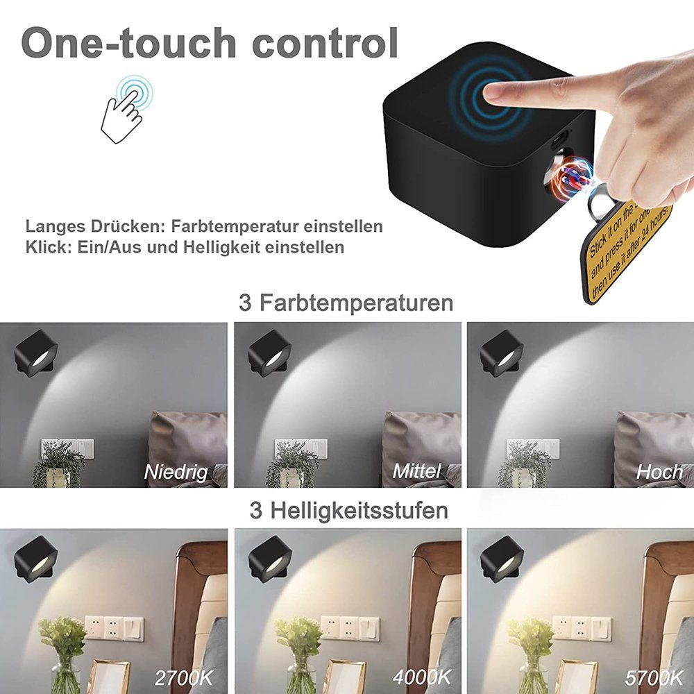GelldG Bettleuchte Wandlampe mit USB-Ladeanschluss, Touch 360° drehbare Control Leuchte