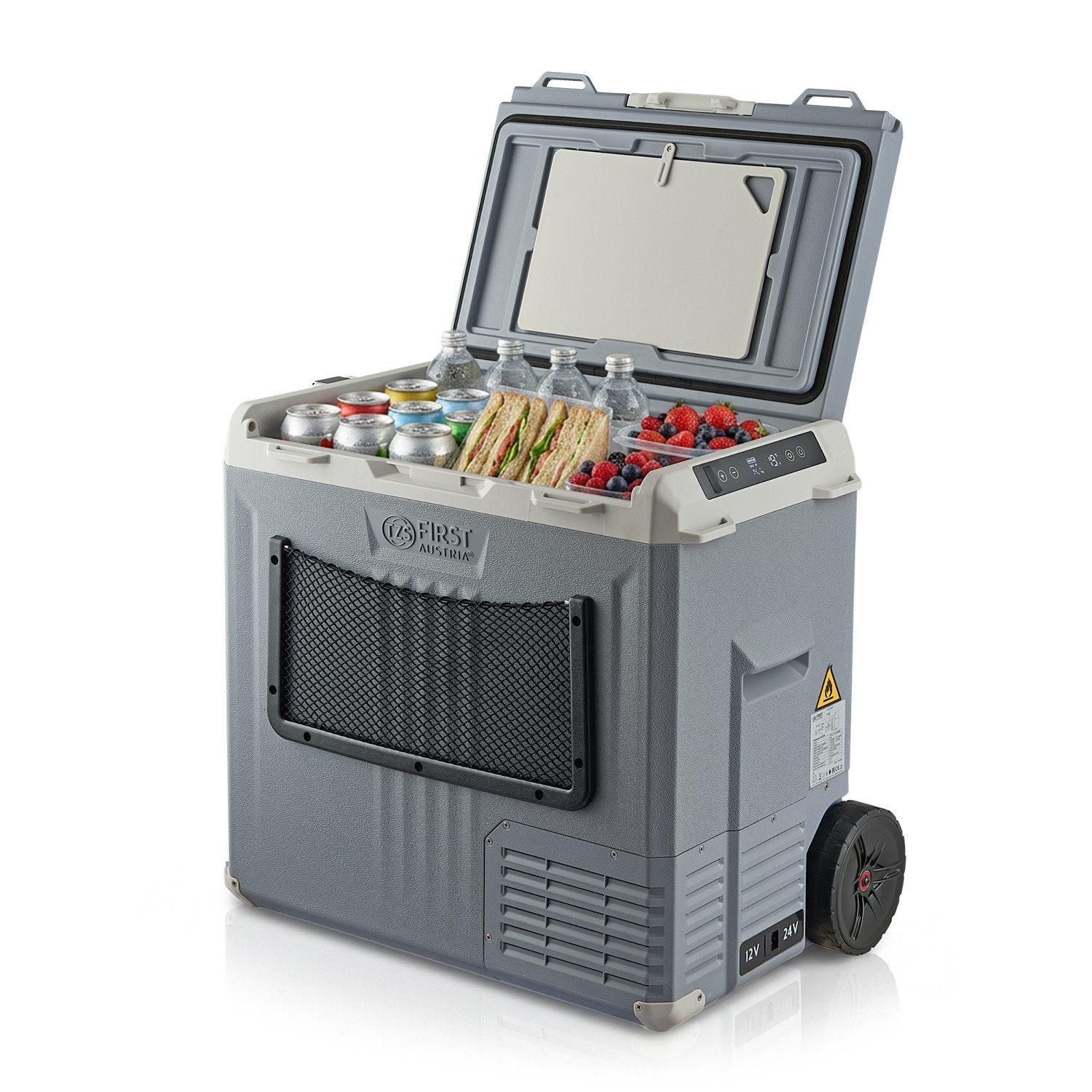 TZS FIRST AUSTRIA Elektrische Kühlbox Kompressor 50L, 12V / 230V Anschluss, App-Steuerung, Trolleyfunktion, Bis -20 °C, ECO & MAX Modus, inkl. Schneidebrett & Flaschenöffner