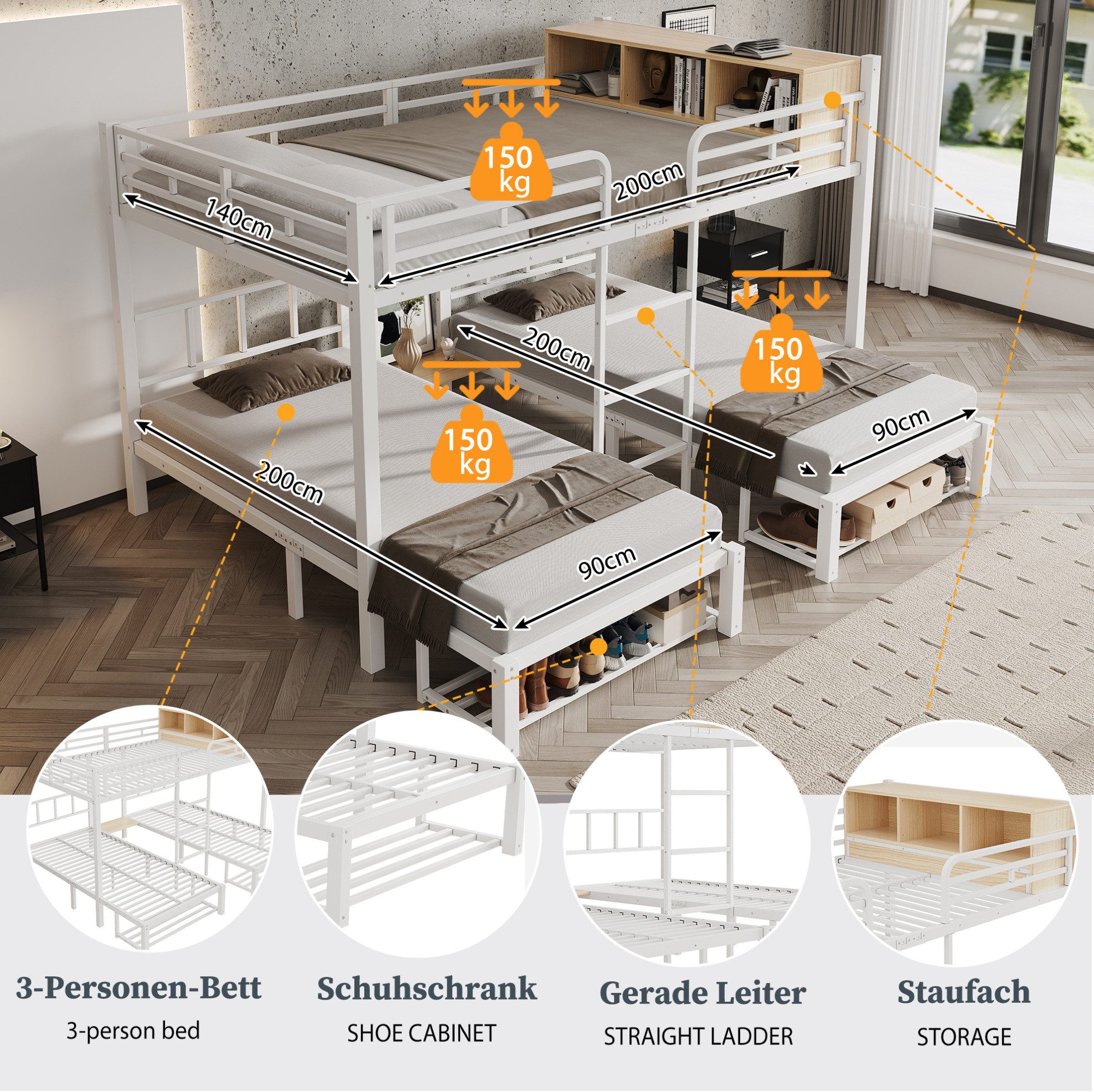MODFU Etagenbett Eisenbett mit 3 Schlafplätzen, Kinderbett (140x200/90x200 cm, Aufbewahrungslösung durch Regal und Schuhablage, Metallbett, Jugendbett Funktionsbett), ohne Matratze