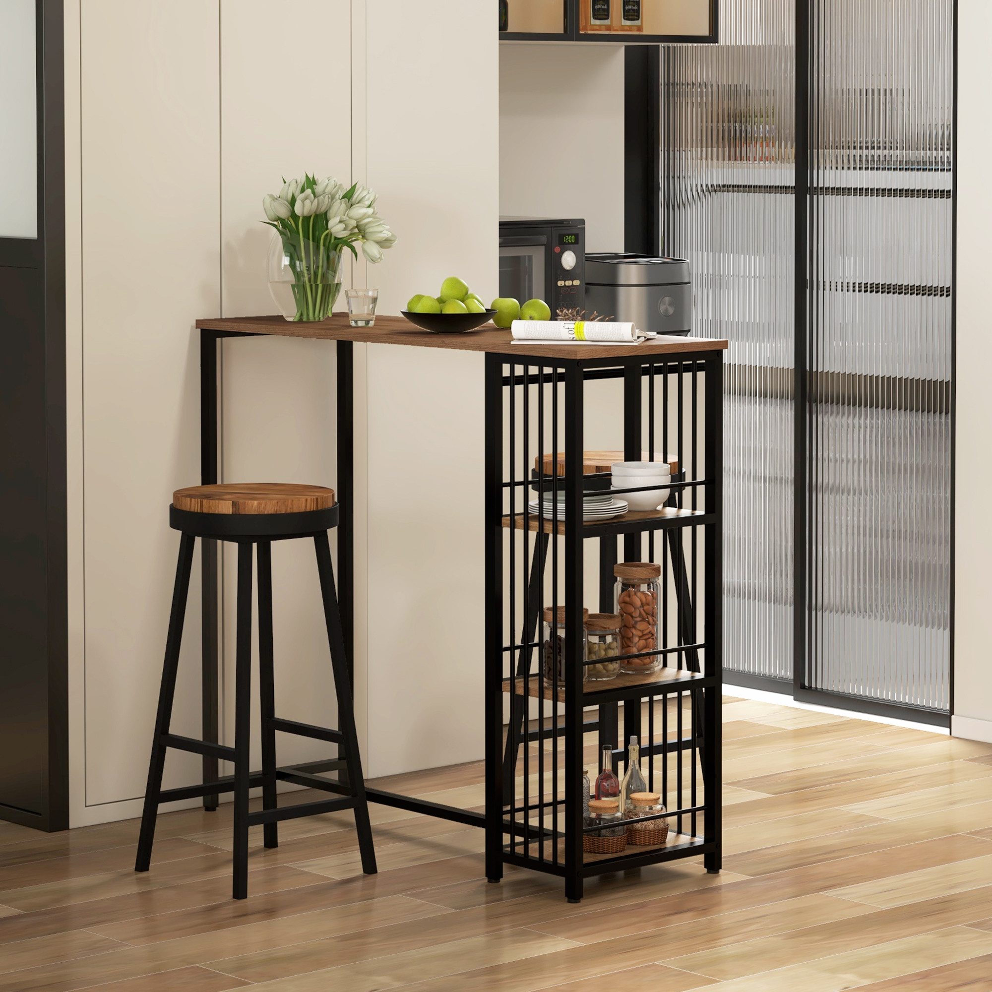 HOMCOM Bartisch Bartheke Küchentisch mit 3 Ablageflächen, Stahlgestell (Tresentisch, 1-St., Stehtisch), Küche, Braun, 120 x 40 x 105 cm